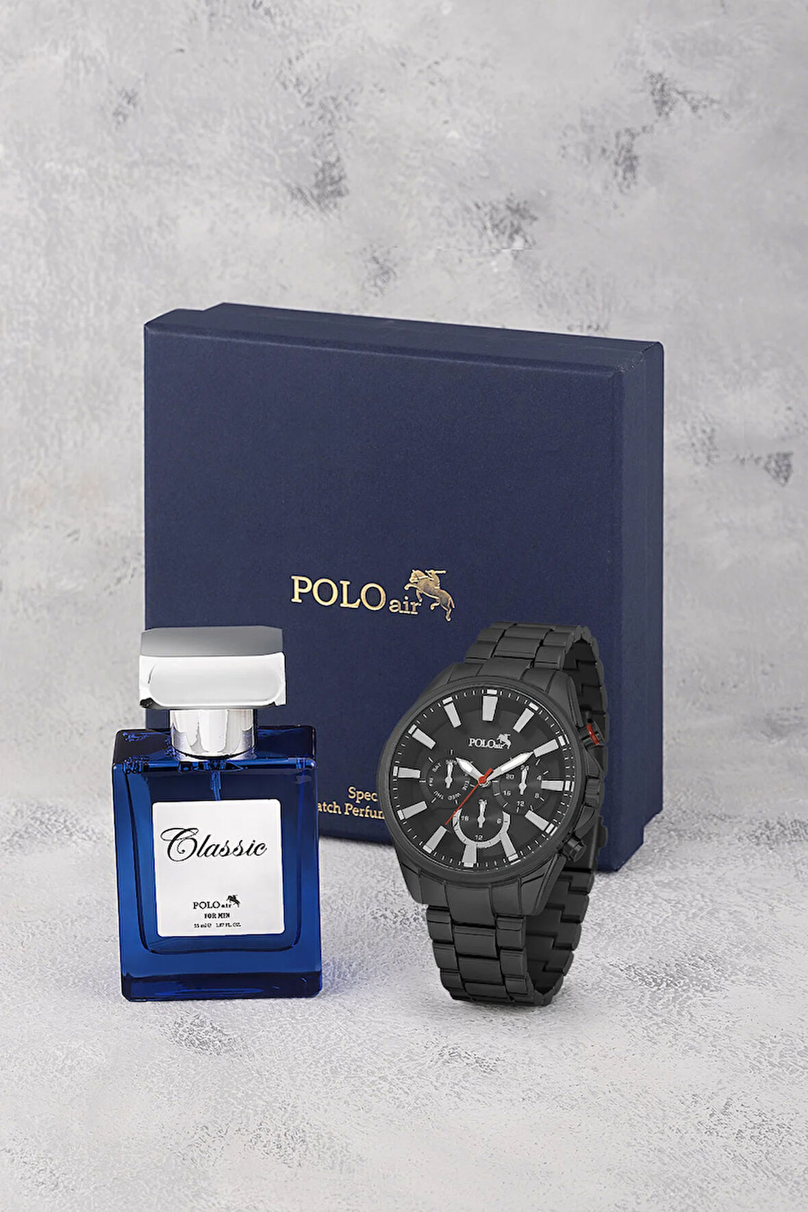 Erkek Kol Saati Ve 55 ml Parfüm Seti Şık Hediyelik Kutusunda Kombin Siyah Renk PL-0957E1