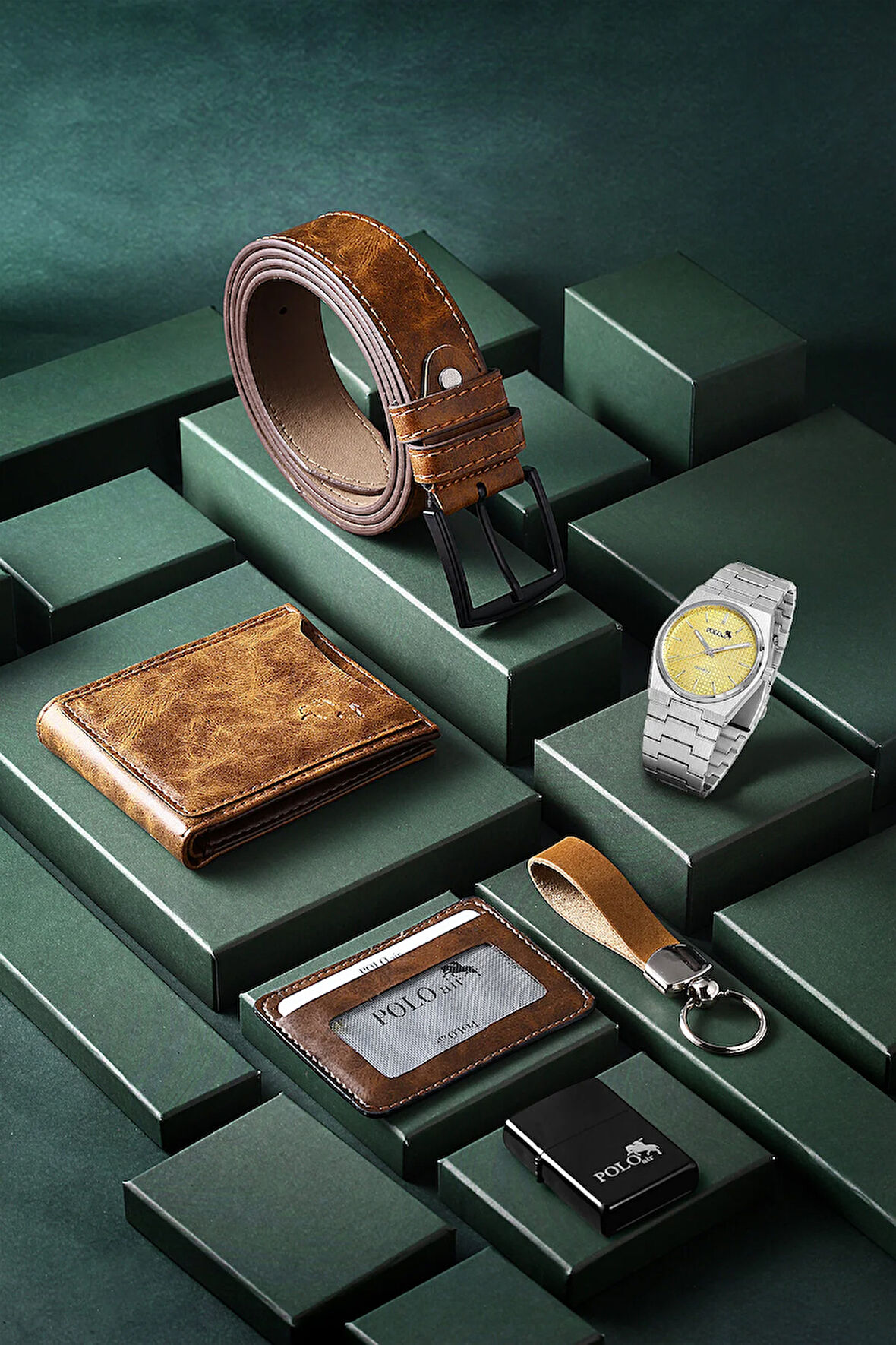 Erkek Kol Saati Cüzdan Kemer Kartlık Anahtarlık Çakmak Kombin Kahverengi Set PL-0861E4