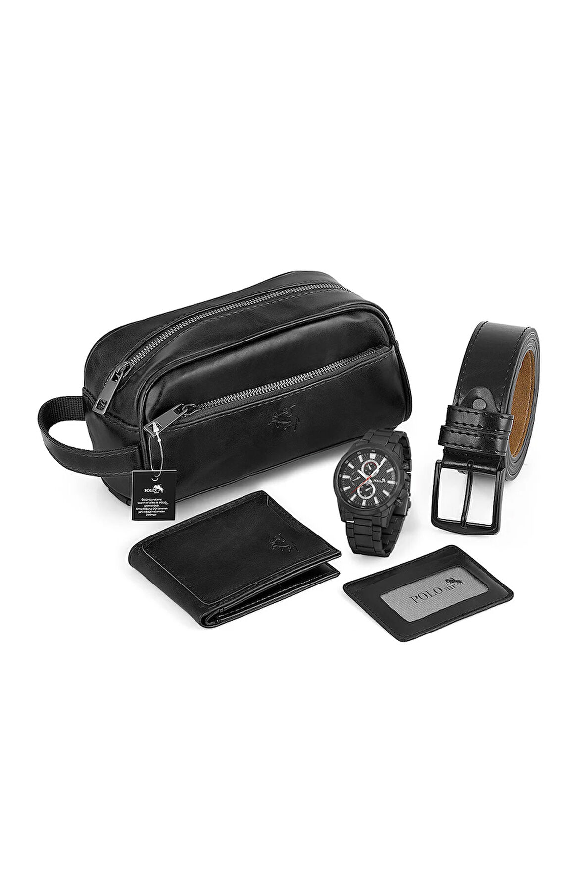 Erkek Kol Saati El Çantası Cüzdan Kemer Kartlık Set Siyah Kombin PL-0866E1