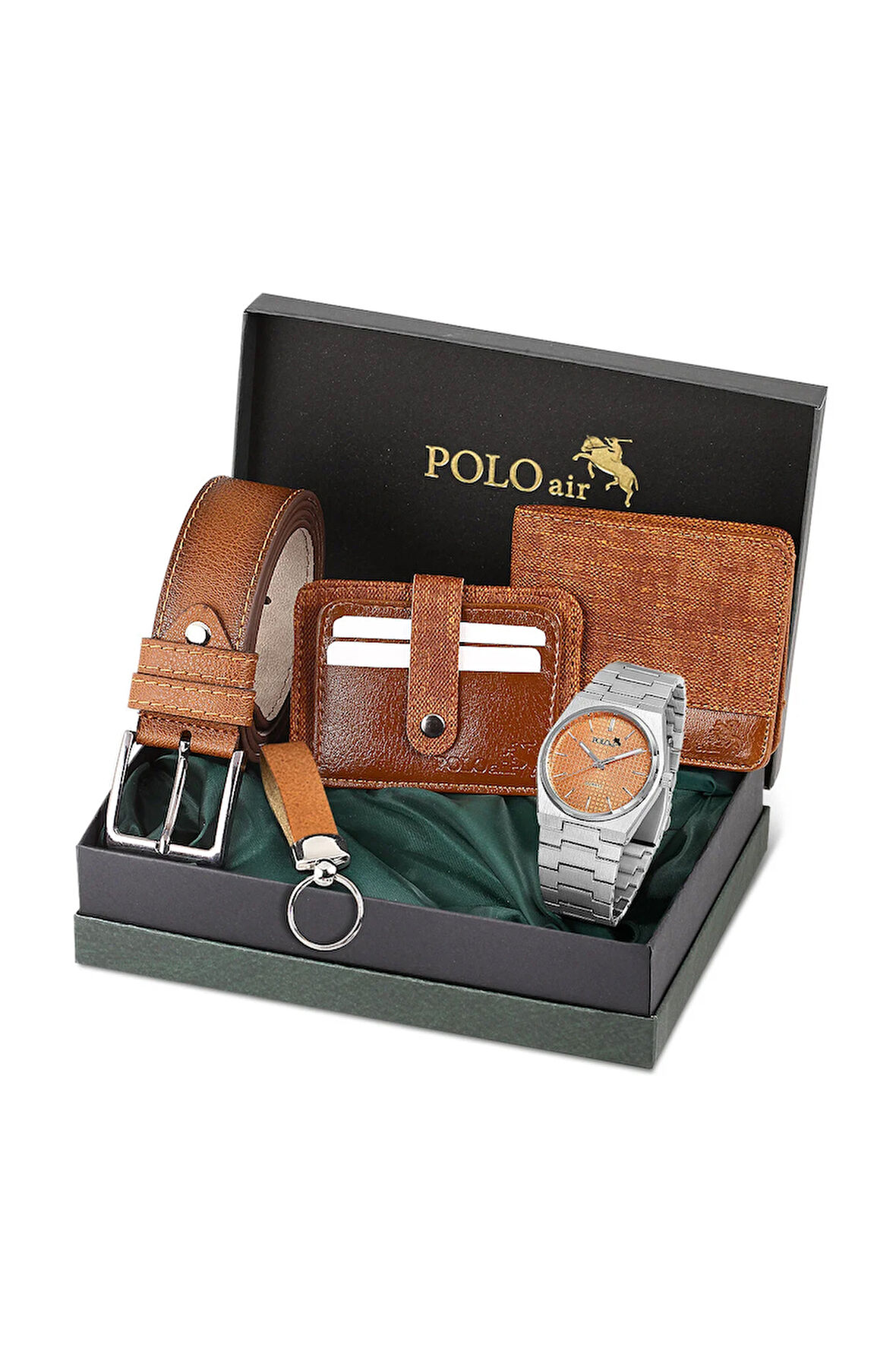 Erkek Kol Saati Cüzdan Kemer Kartlık Anahtarlık Kombin Kahverengi Set PL-0860E3