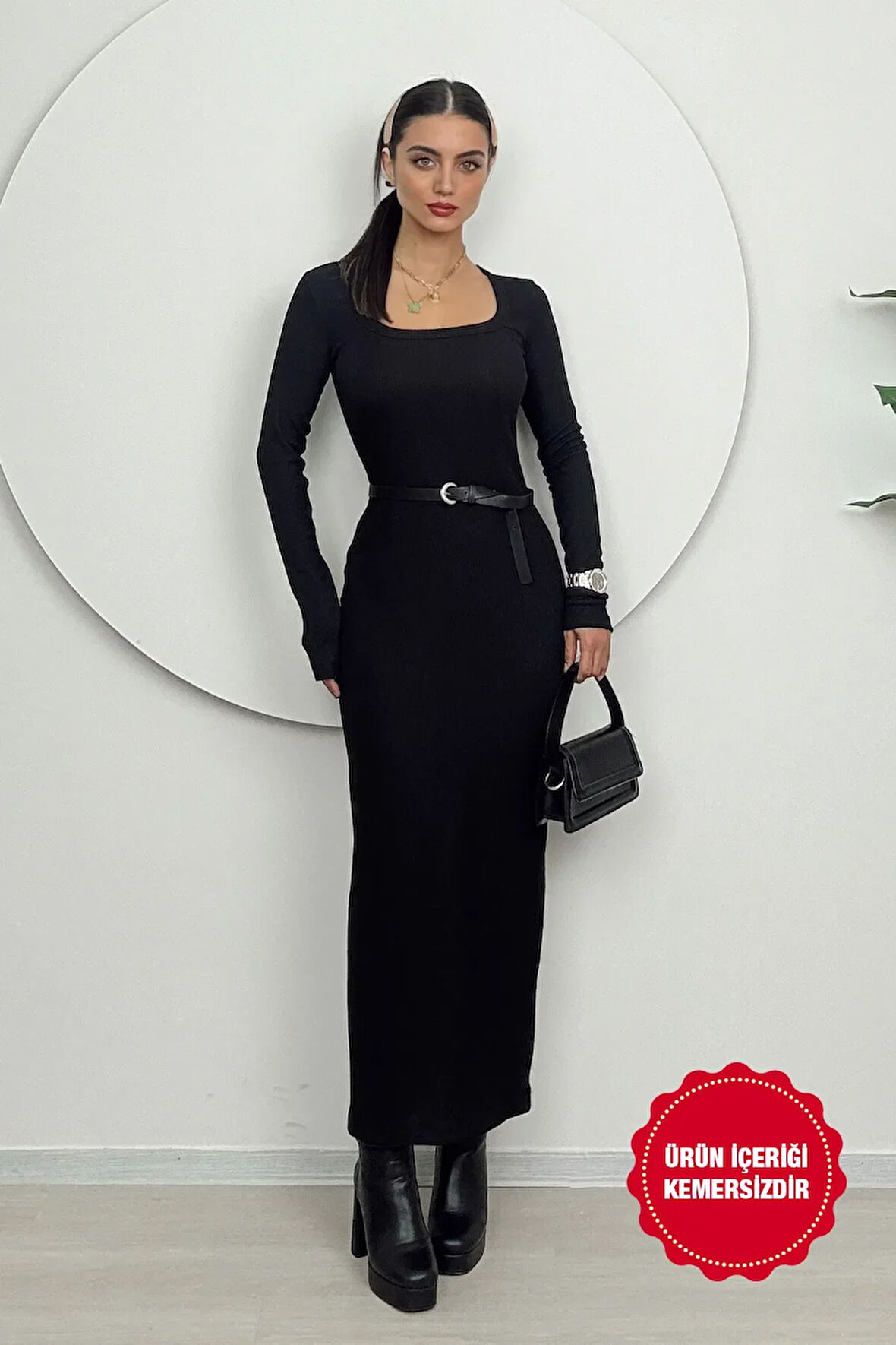 Orlina Kadın Uzun Kollu Kemersiz Bodycon Siyah Triko Elbise - Günlük Şıklık