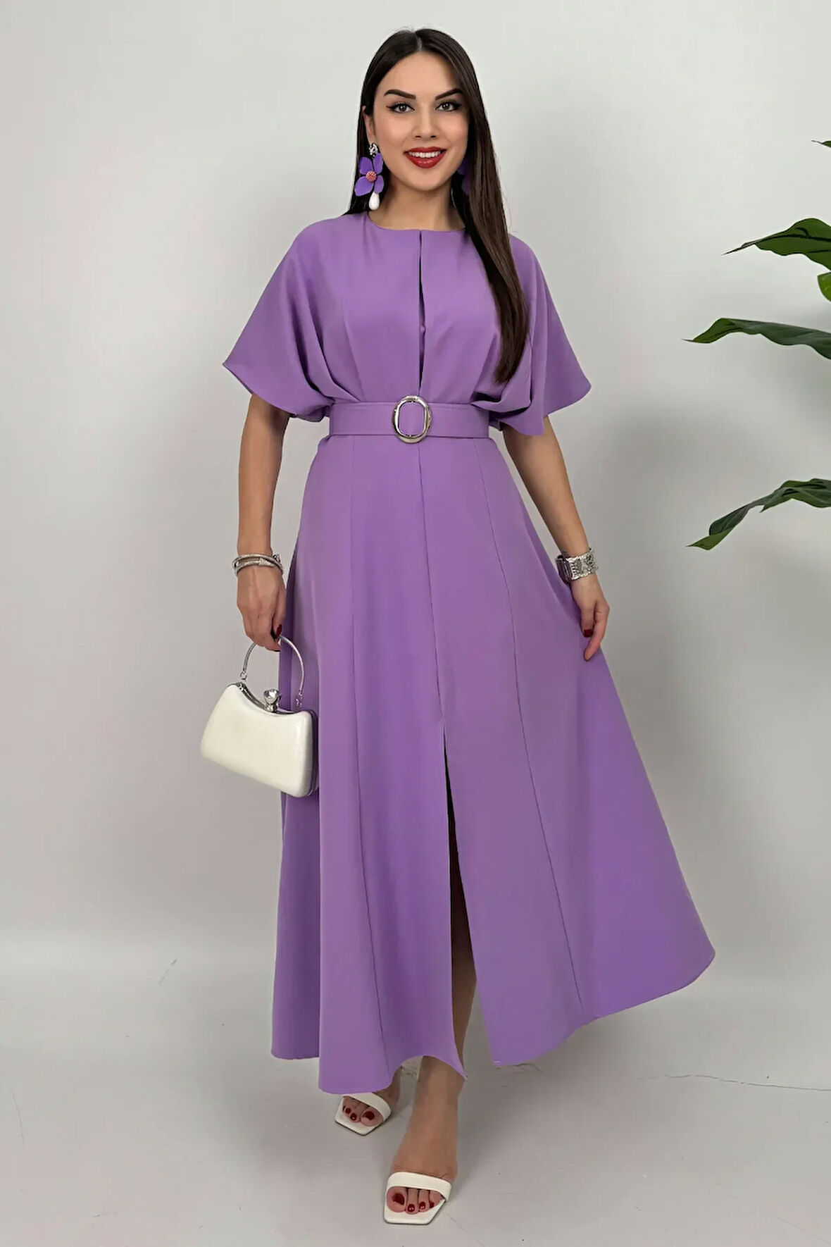 Alora Kadın Kemer Detaylı Şık Lila Elbise – Özel Günler İçin Zarafet