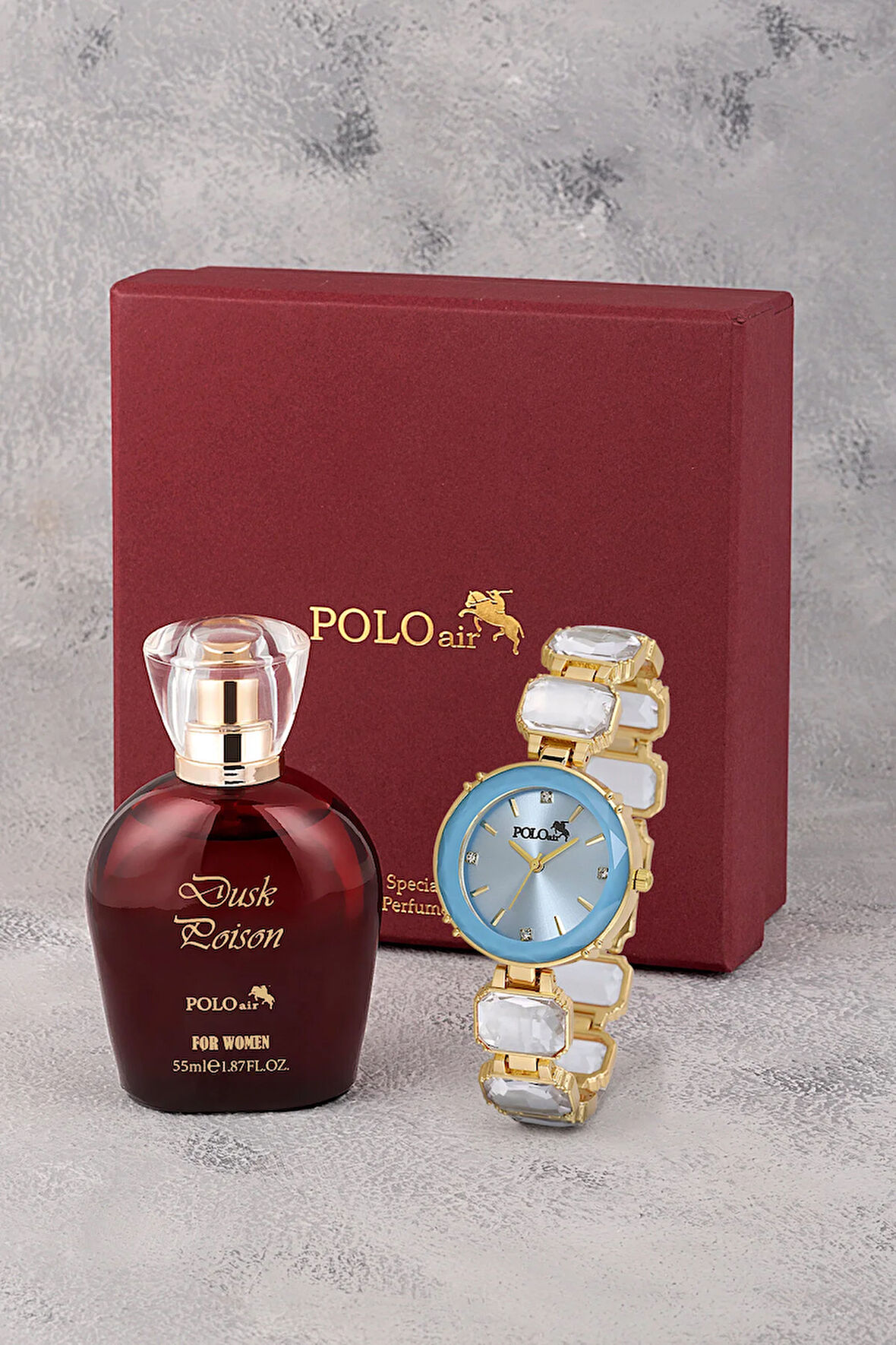 Lüx Taşlı Kadın Kol Saati Parfüm Bordo Hediyelik Kutsunda Set Mavi Gold Renk ST-2173S4