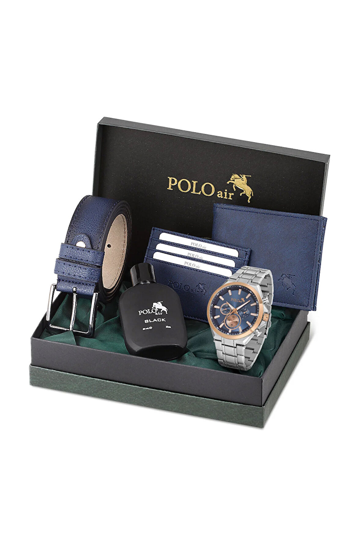 Spor Kasa Erkek Kol Saati Cüzdan Kemer Kartlık Parfüm Set Kombin Gümüş Lacivert Bakır Renk PL-0996E2