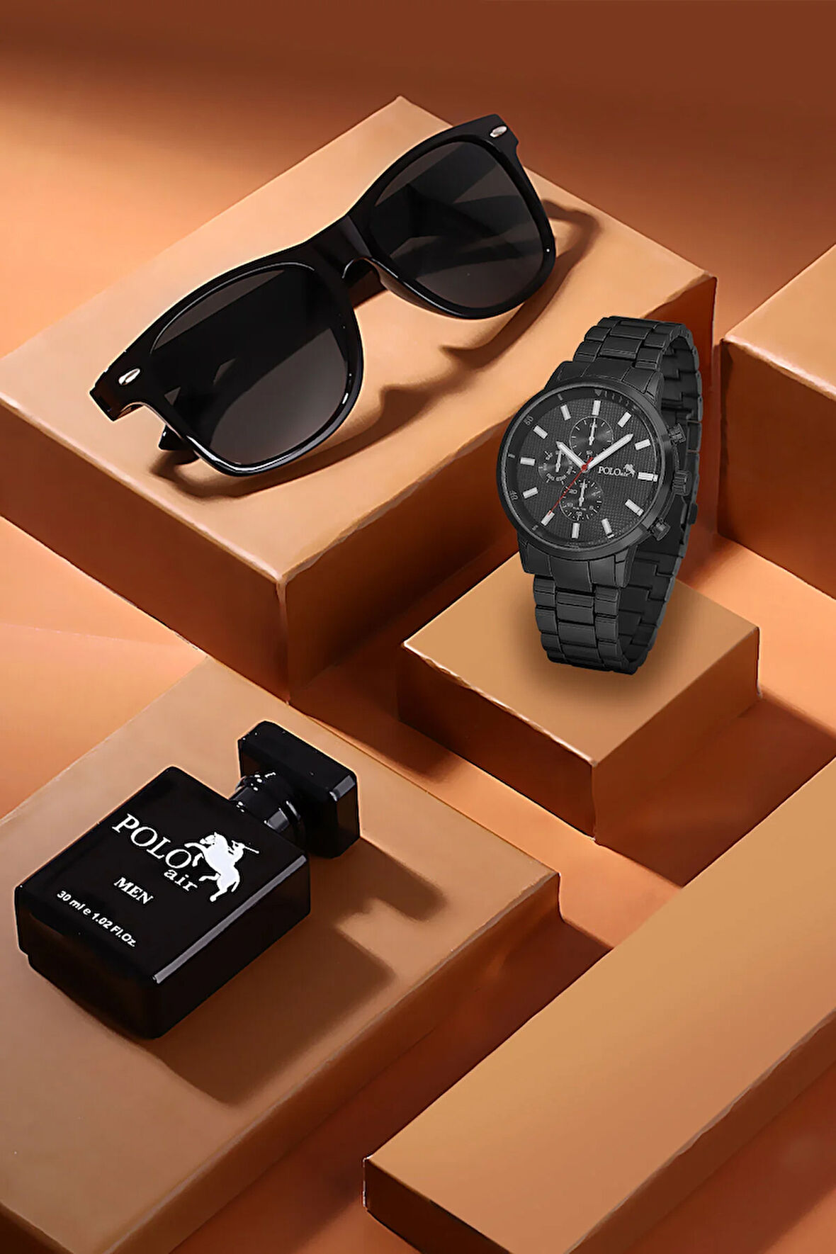 Premium Set Kombin Erkek Kol Saati Parfüm Gözlük Set Siyah Renk PL-7020E1