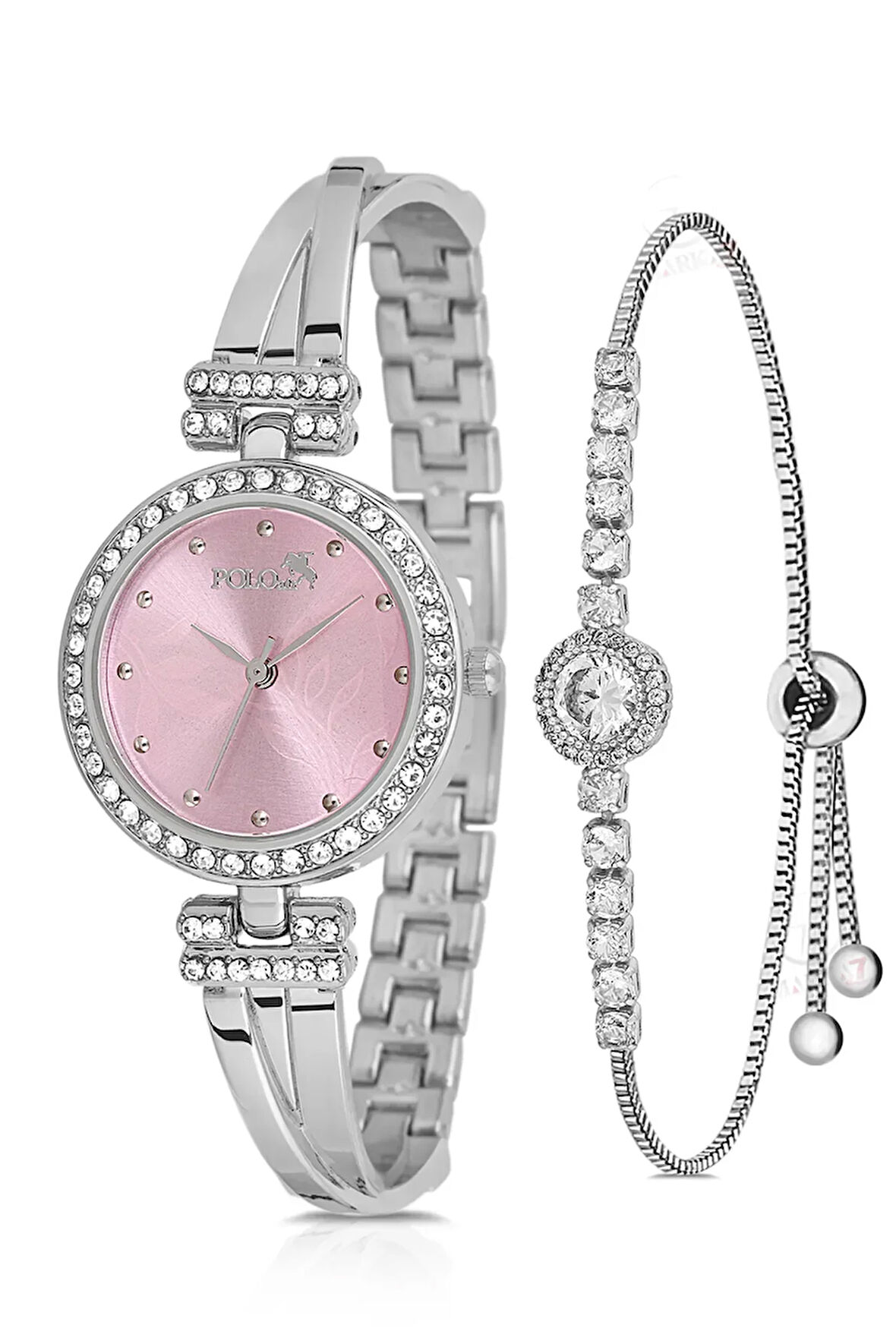 Vintage Kadın Kol Saati Zirkon Taşlı Yuvarlak Bileklik Kombin Gümüş Pembe Renk PL-1534B4