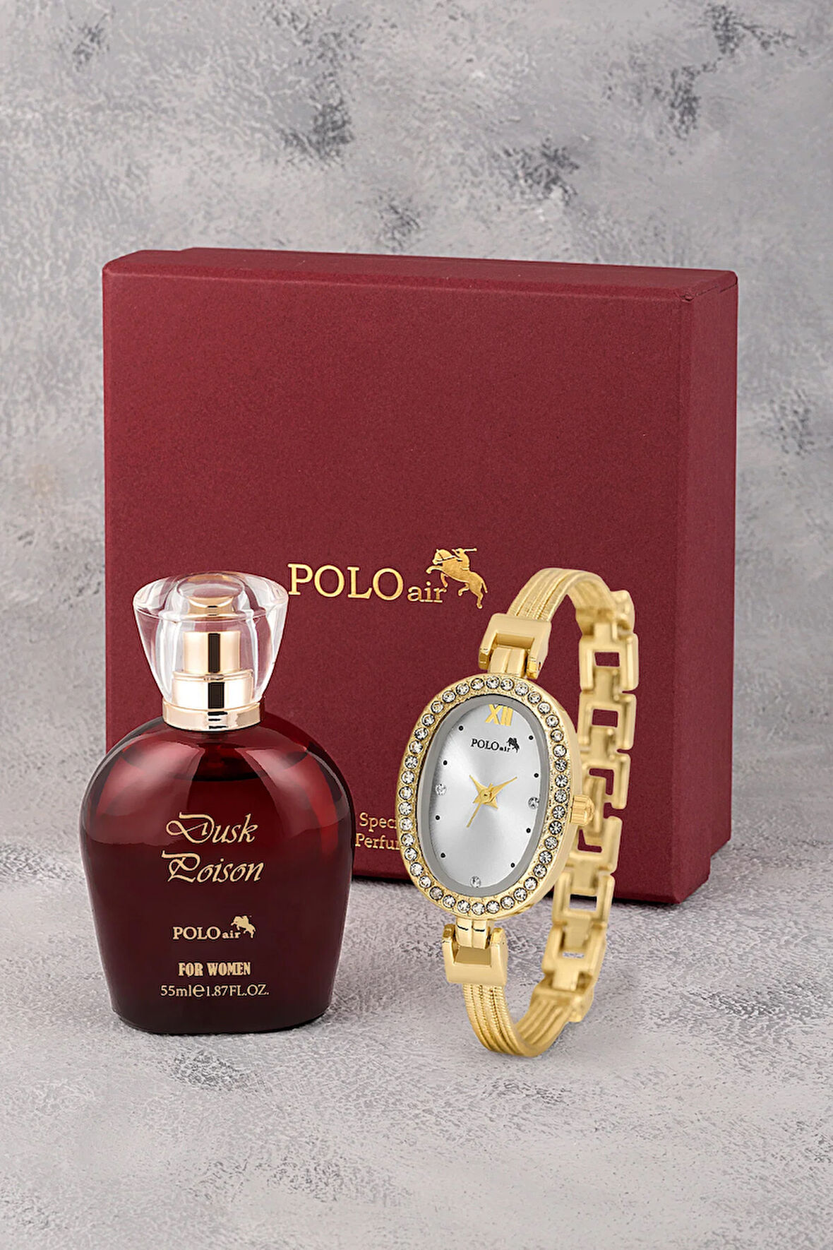 Oval Kasa Kadın Kol Saati Parfüm Bordo Hediyelik Kutsunda Set Gold Renk ST-2170S1