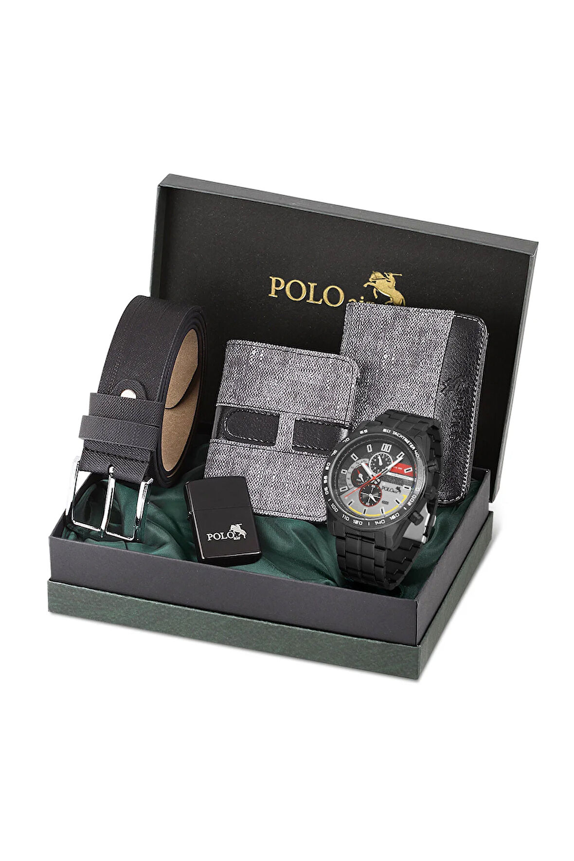 Erkek Set Kombin Kemer Cüzdan Kartlık Çakmak Kol Saati Hediyelik Kutusunda Gri Set PL-0972E1