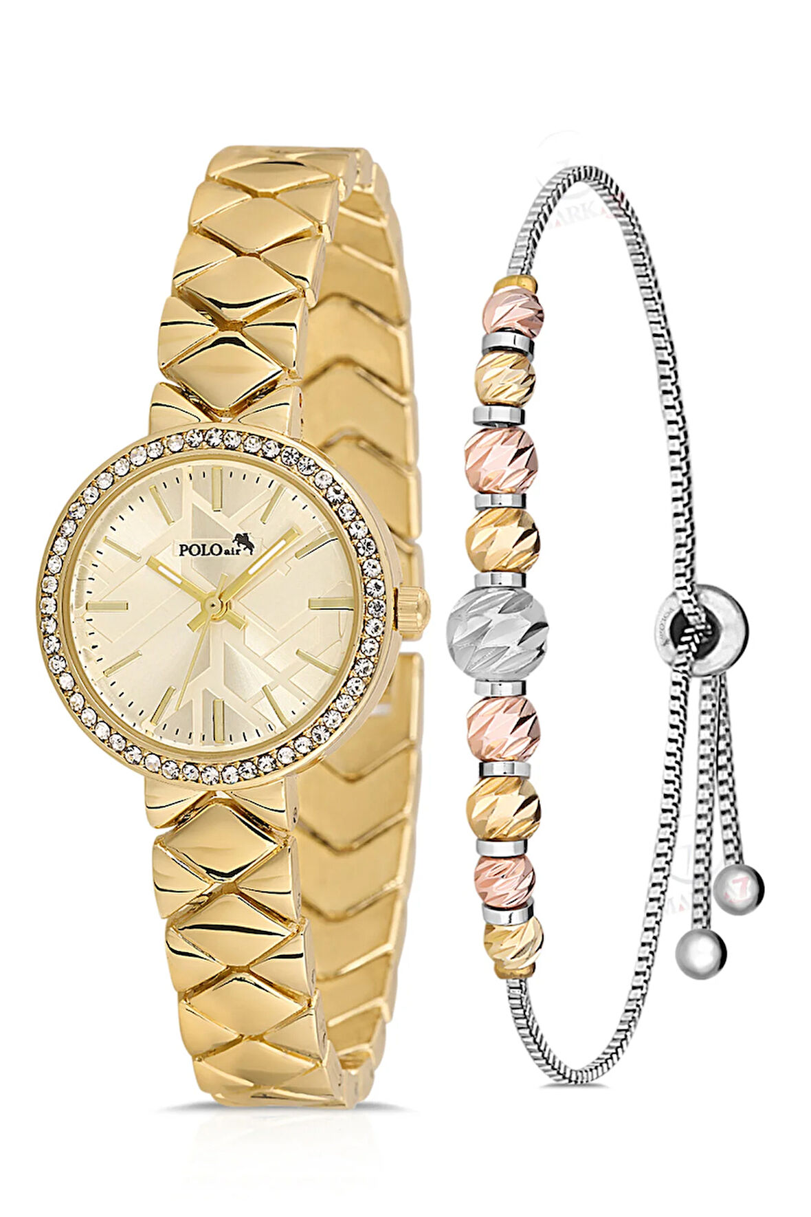 Lüx Taşlı Baklava Desen Kadın Kol Saati Dorika Bileklik Kombin Gold Renk PL-1537B1