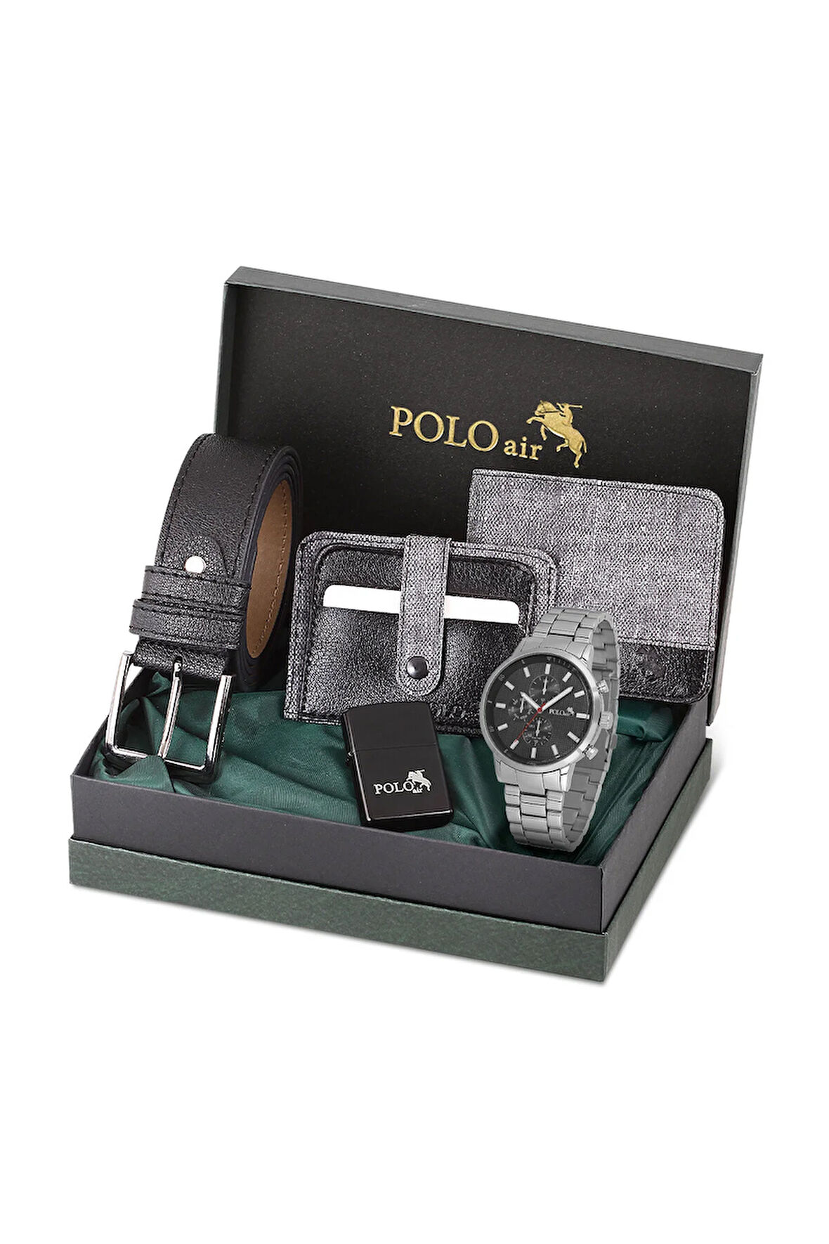 Klasik Erkek Kol Saati Cüzdan Kemer Kartlık Çakmak Set Kombin Gümüş Siyah Gri Renk PL-0998E3