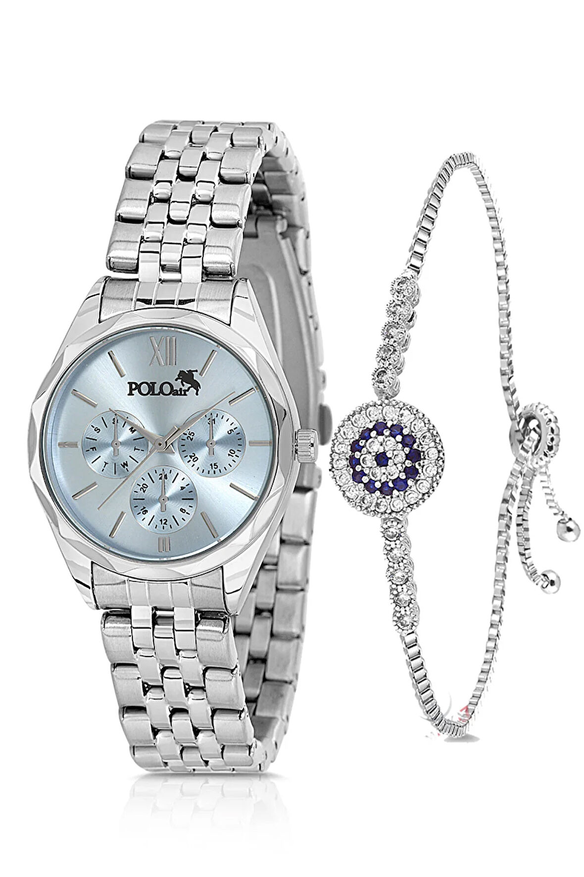 Klasik Spor Kadın Kol Saati Zirkon Taşlı Nazar Bileklik Kombin Gümüş Mavi Renk PL-1552B4
