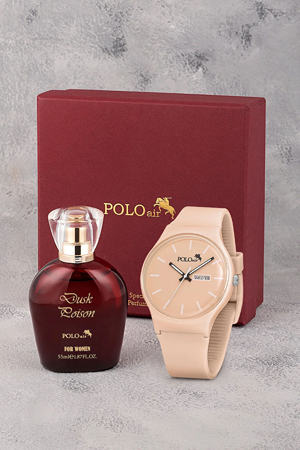 Spor Gün Ay Takvimli Kadın Kol Saati Parfüm Bordo Hediyelik Kutsunda Set Bej Renk ST-2169S11