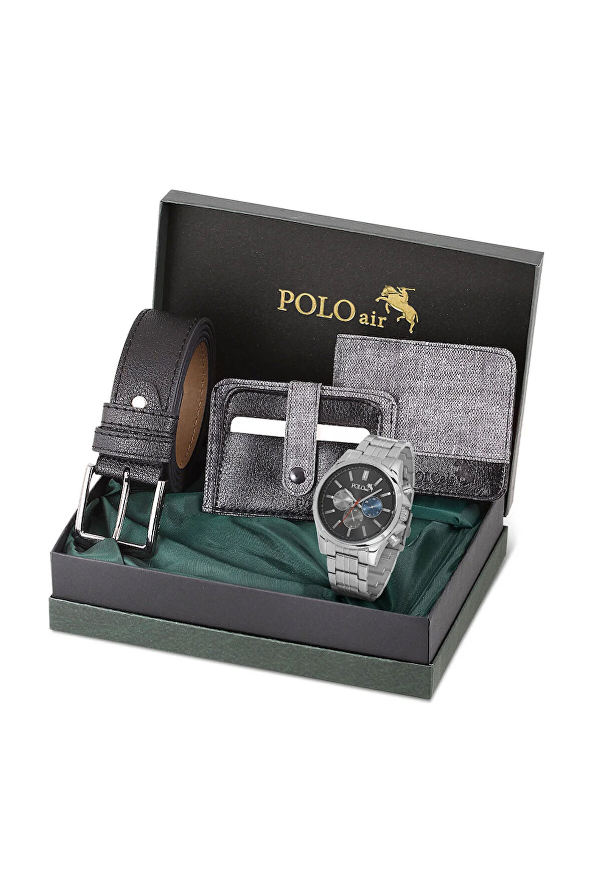 Klasik Erkek Kol Saati Cüzdan Kemer Kartlık Set Kombin Gri Siyah Renk PL-0997E4