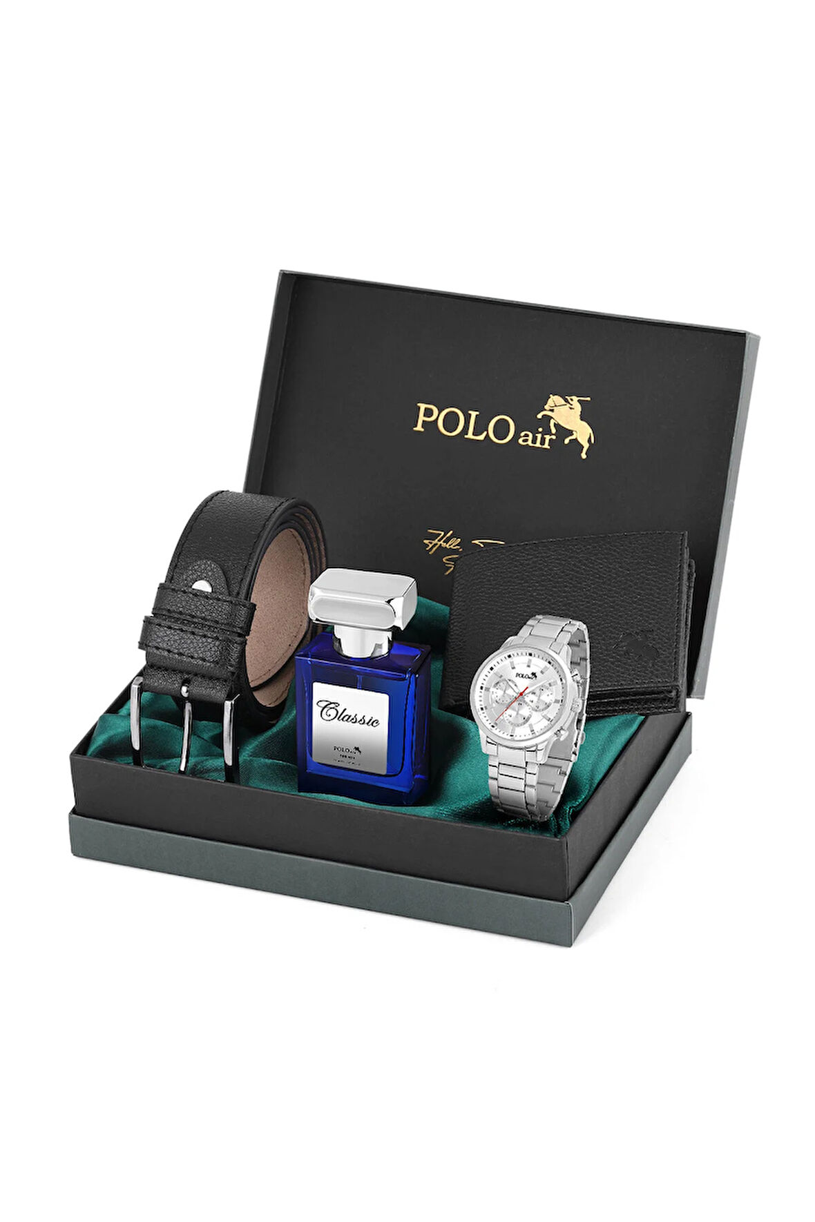 Erkek Set Kombin Kemer Cüzdan Parfüm Kol Saati Hediyelik Kutusunda Siyah Set PL-0968E6