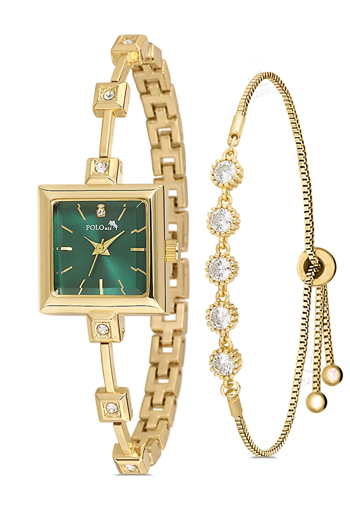 Kare Kasa Taşlı Kordon Kadın Kol Saati Zirkon Taşlı 5 Taş Bileklik Kombin Gold Yeşil Renk PL-1543B3