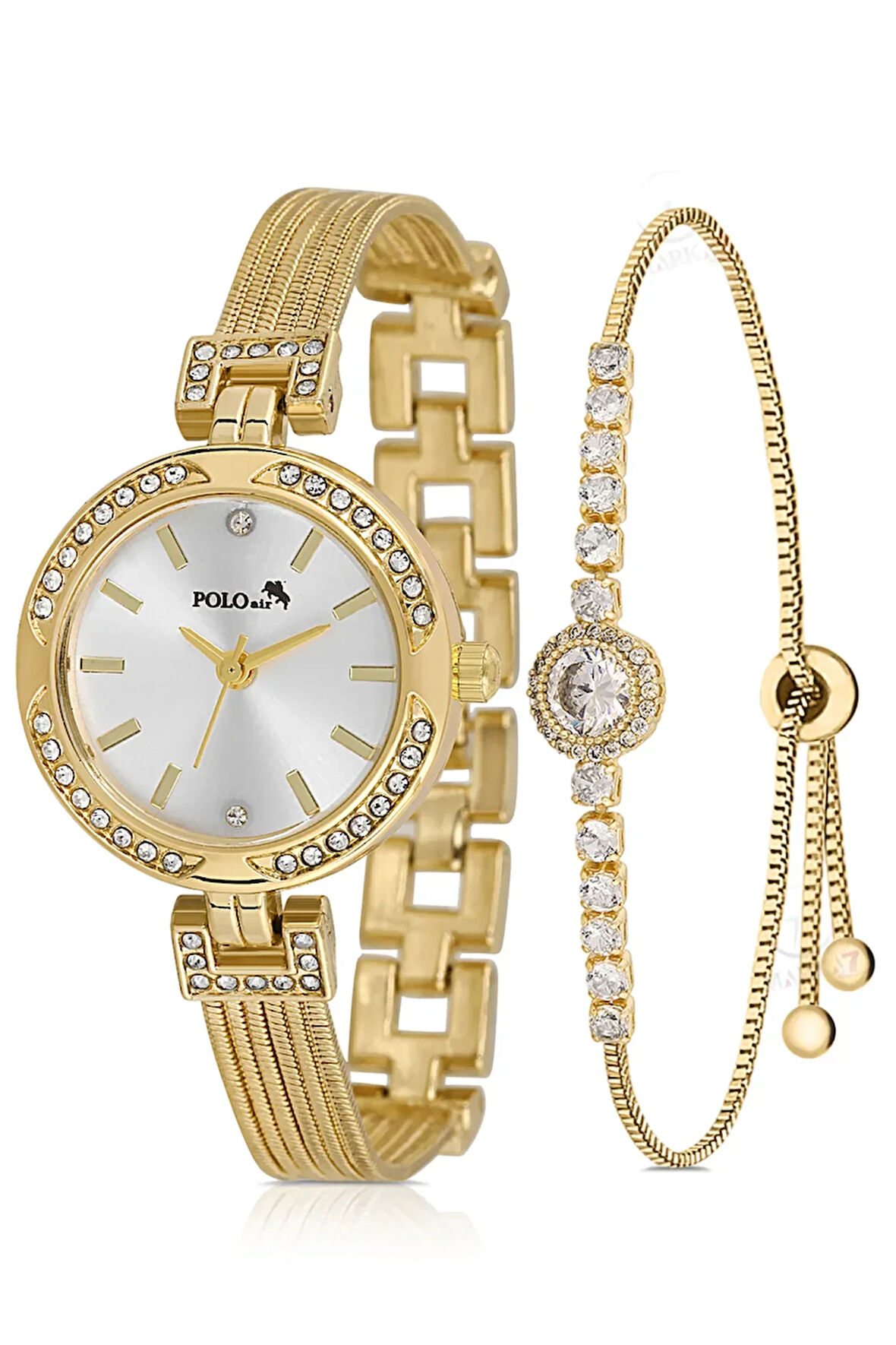 Lüx Taşlı Hasır Metal Kordon Kadın Kol Saati Zirkon Taşlı Yuvarlak Bileklik Gold Renk PL-1547B1