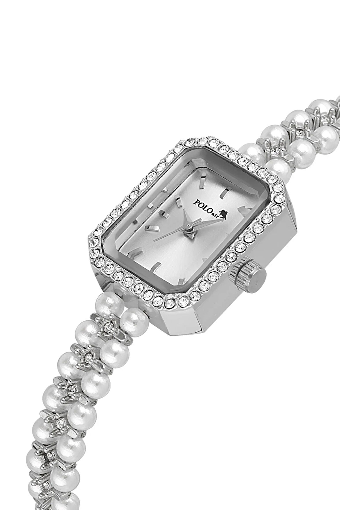Dikdörtgen Kasa Inci Taşlı Görünümlü Kordon Kadın Kol Saati Beyaz Gümüş Renk Pl-1529b2x