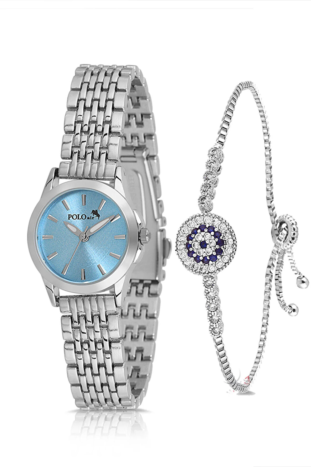 Zarif Kadın Kol Saati Zirkon Taşlı Nazar Bileklik Kombin Gümüş Mavi Renk PL-1550B5