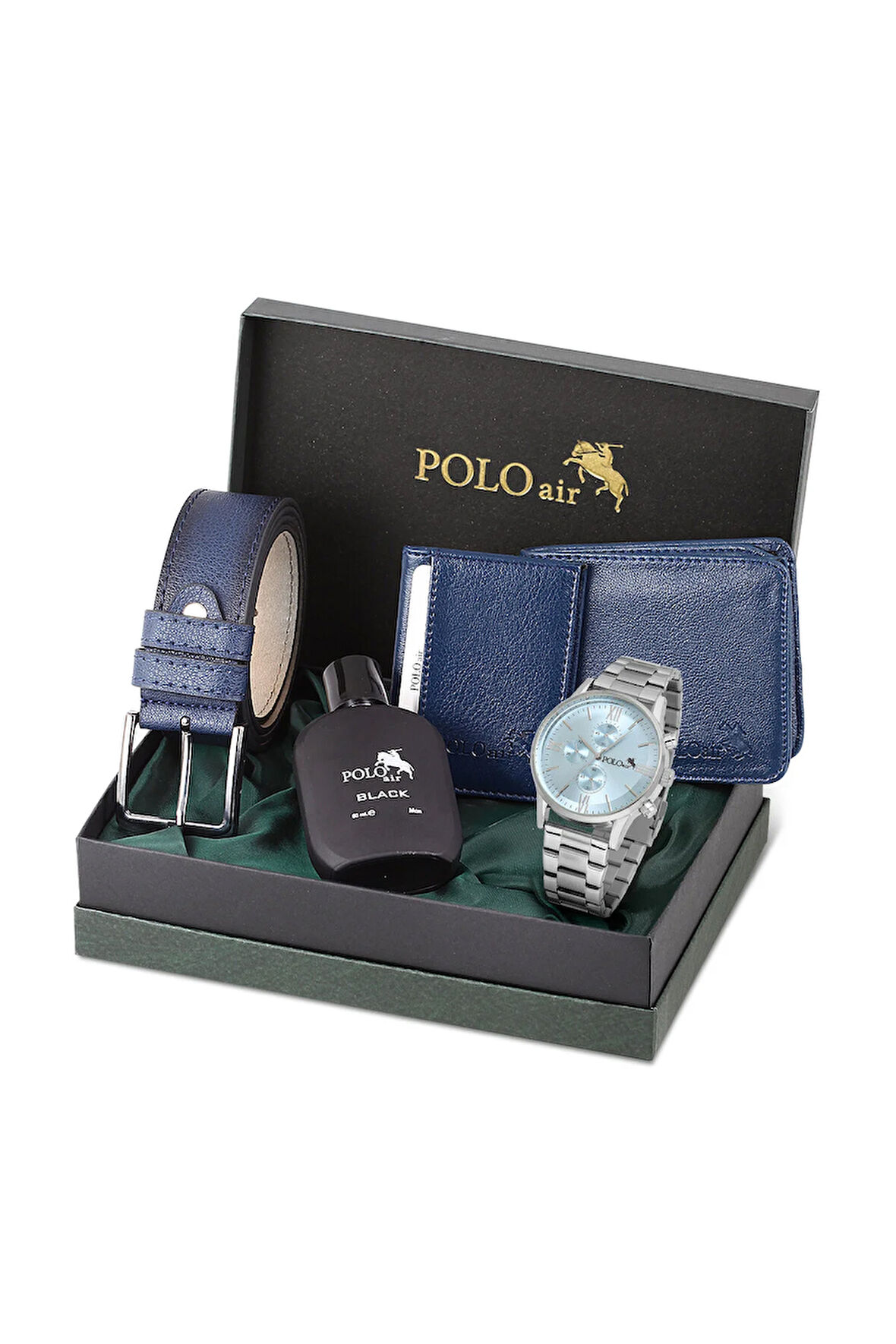 Erkek Set Kombin Kemer Cüzdan Kartlık Parfüm Kol Saati Hediyelik Kutusunda Lacivert Set PL-0963E2