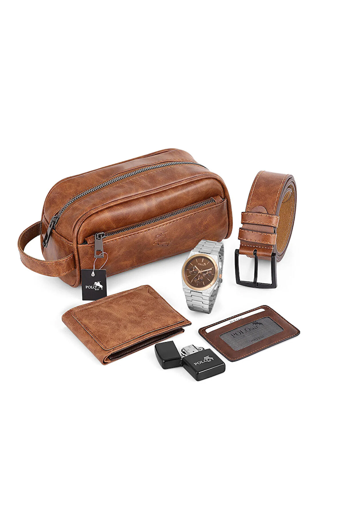 Erkek Kol Saati El Çantası Cüzdan Kemer Kartlık Çakmak Set Gümüş Taba Renk Kombin PL-7022E4