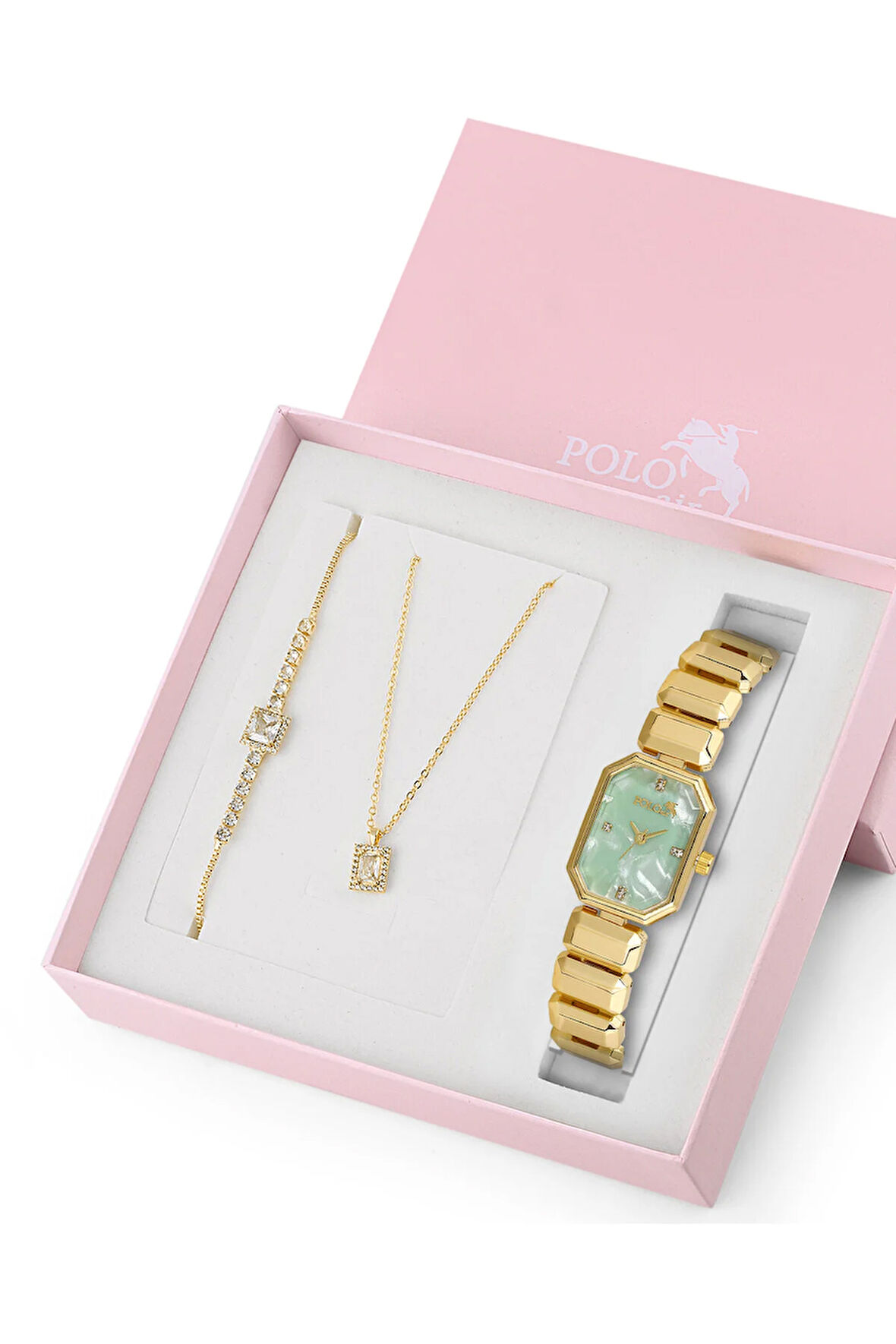 Zarif Dikdörtgen Kasa Kol Saati Zirkon Taşlı Kare Kolye Bileklik Set Gold Yeşil Renk ST-2168S3