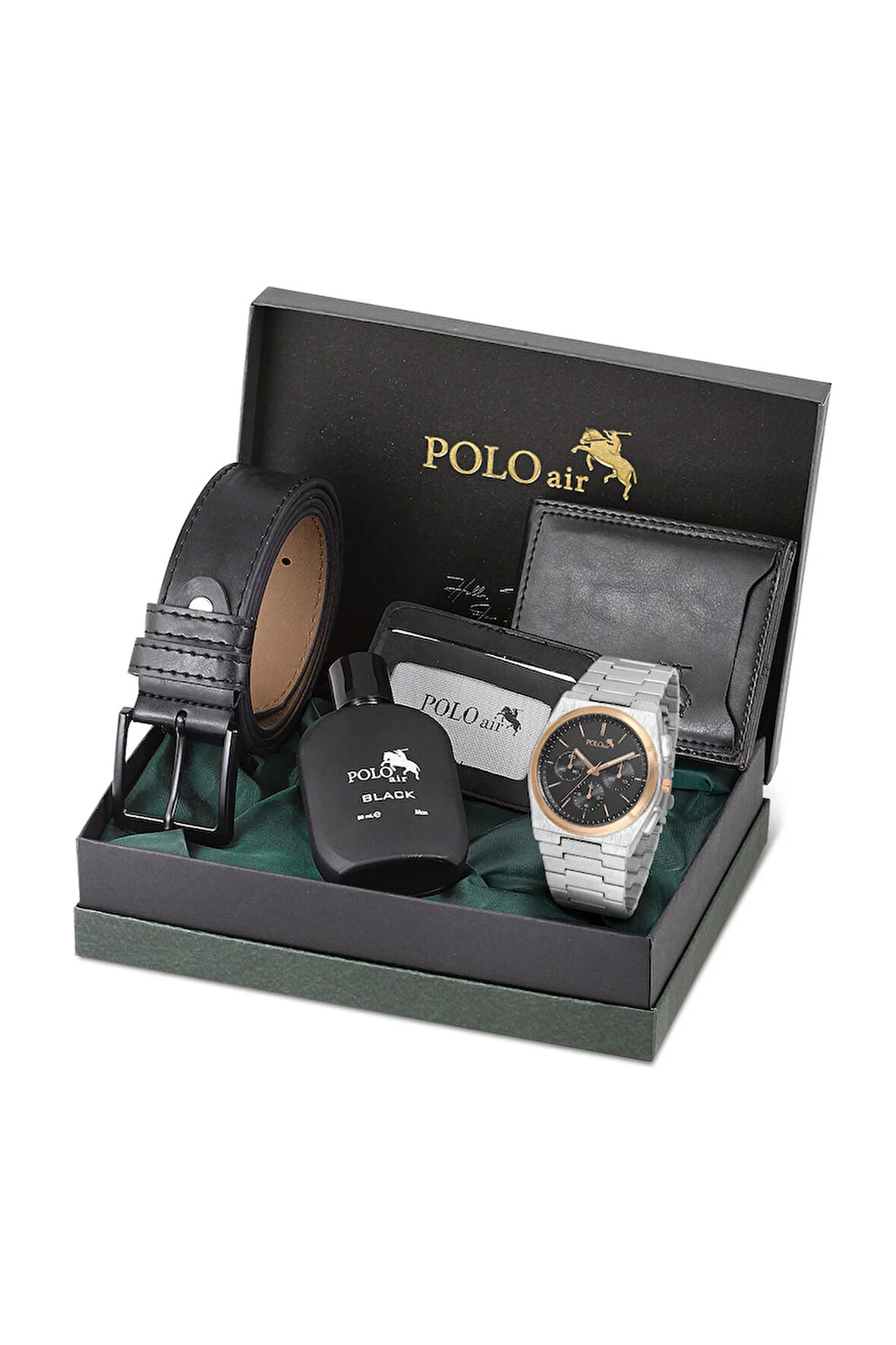Erkek Kol Saati Cüzdan Kemer Kartlık Parfüm Set Kombin Gümüş Siyah Bakır Renk PL-0999E6