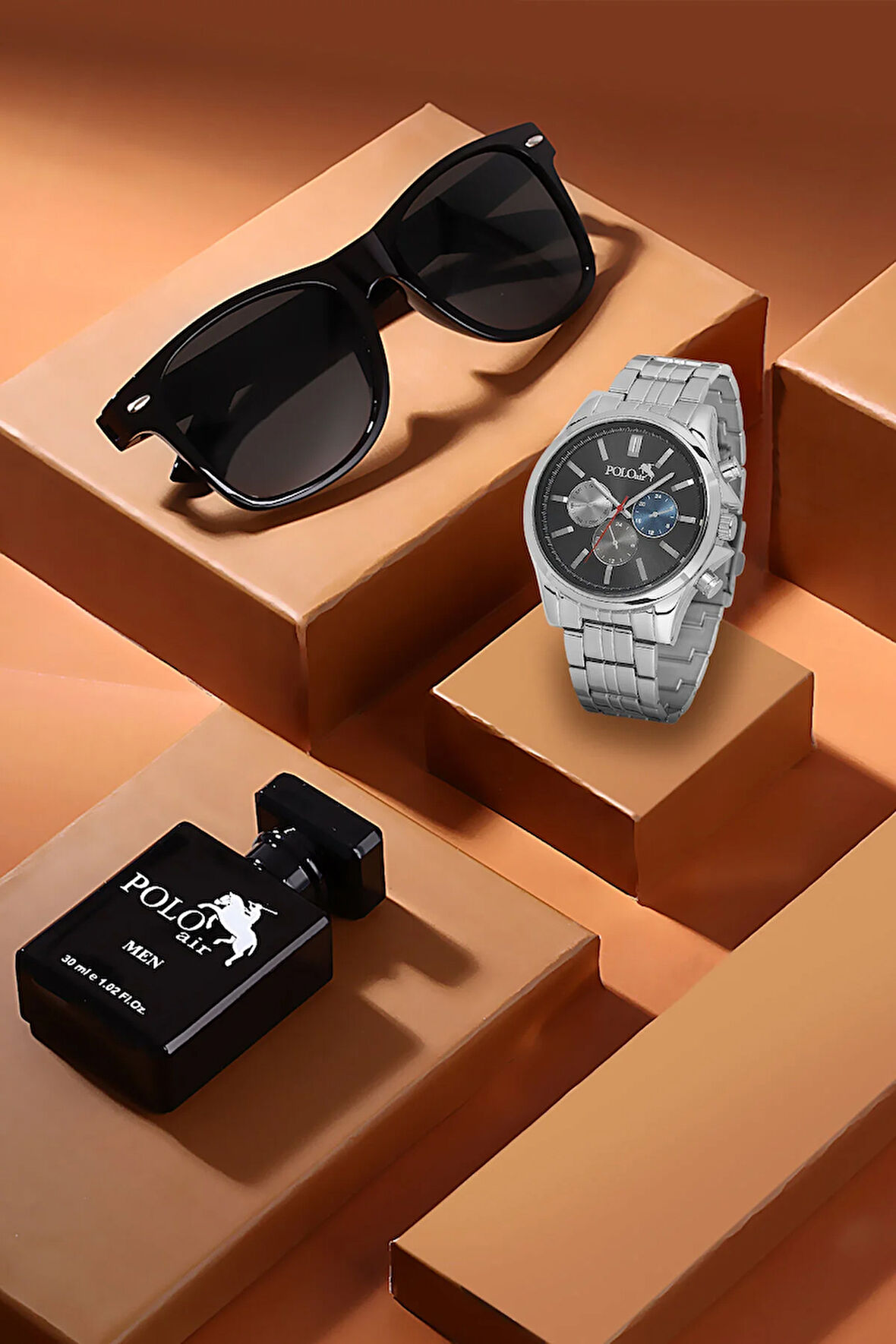 Premium Set Kombin Erkek Kol Saati Parfüm Gözlük Set Gümüş Siyah Renk PL-7018E4