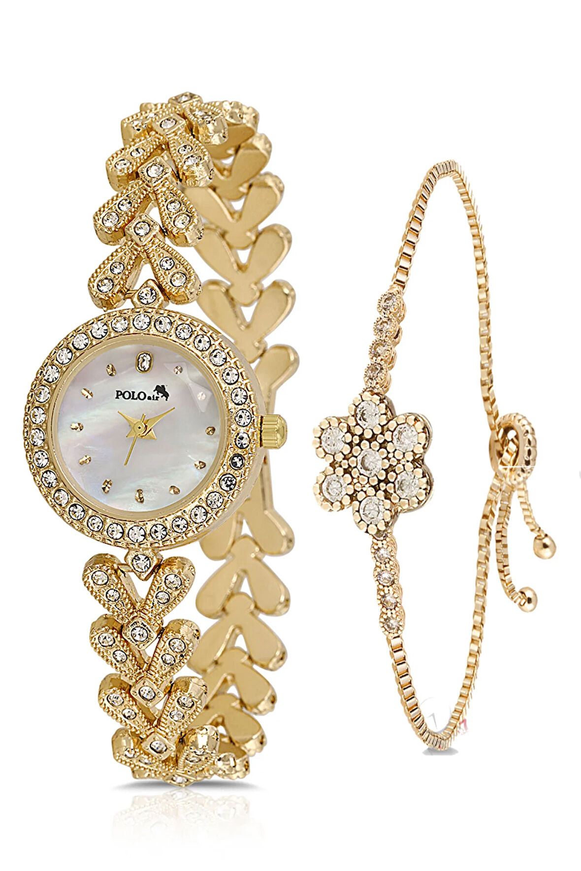 Zarif Lüx Taşlı Kadın Kol Saati Zirkon Taşlı Çiçek Bileklik Kombin Gold Renk PL-1540B1