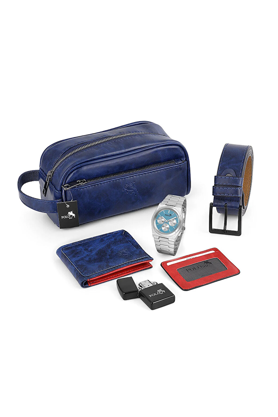 Erkek Kol Saati El Çantası Cüzdan Kemer Kartlık Çakmak Set Gümüş Mavi Renk Kombin PL-7022E2