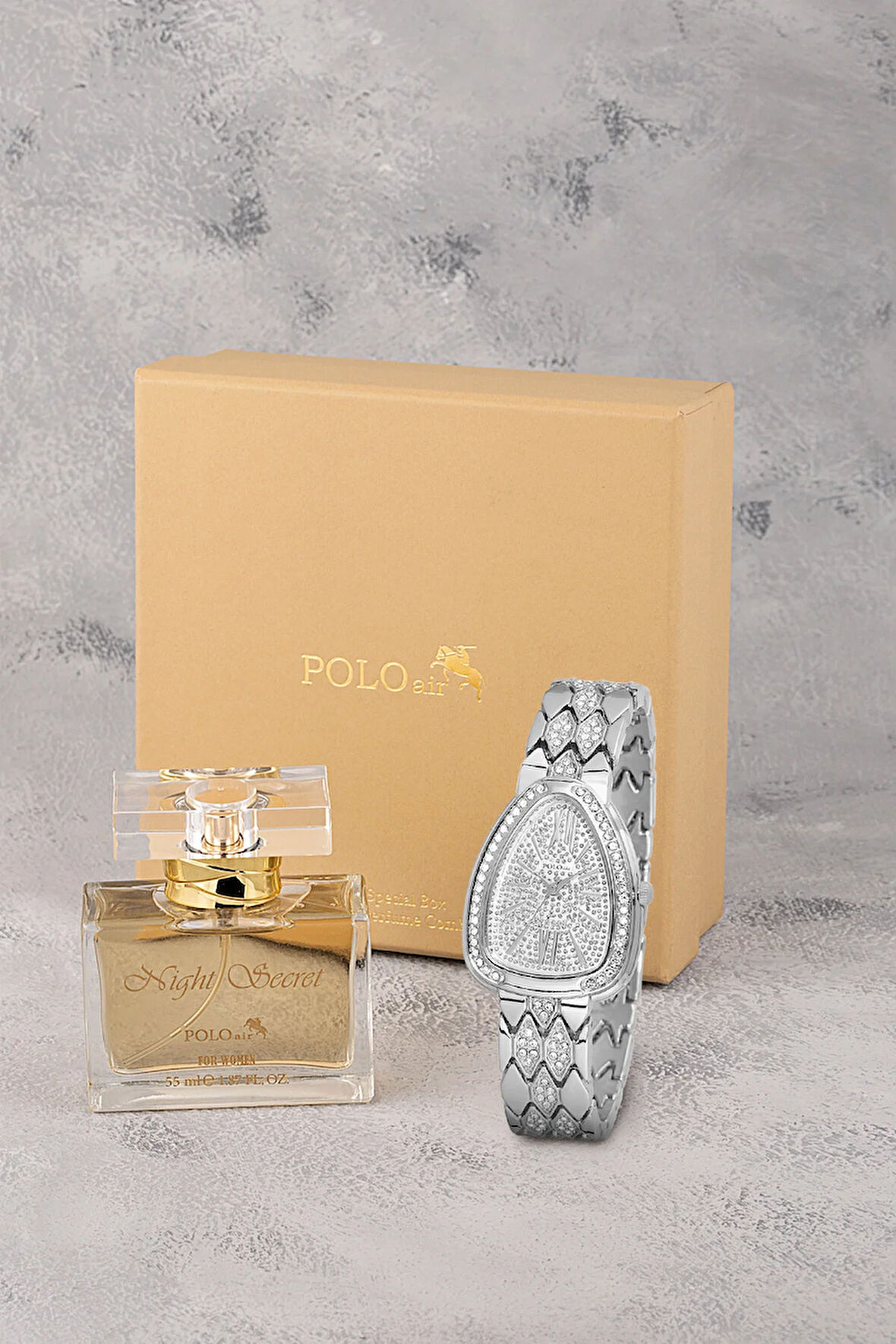 Yılan Desen Kol Saati Parfüm Seti Hediyelik Kutusunda Kombin Gümüş Renk ST-2179S2