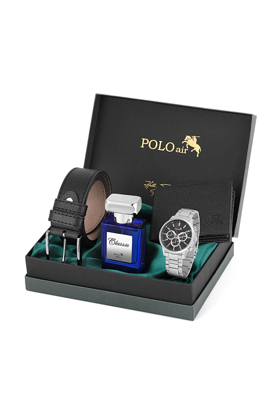 Erkek Set Kombin Kemer Cüzdan Parfüm Kol Saati Hediyelik Kutusunda Siyah Set PL-0968E7