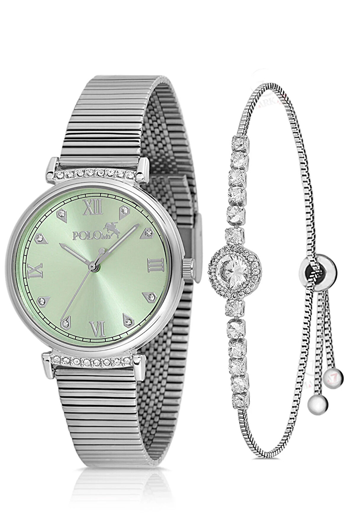 Klasik Kadın Kol Saati Zirkon Taşlı Yuvarlak Bileklik Kombin Gümüş Yeşil Renk PL-1554B5