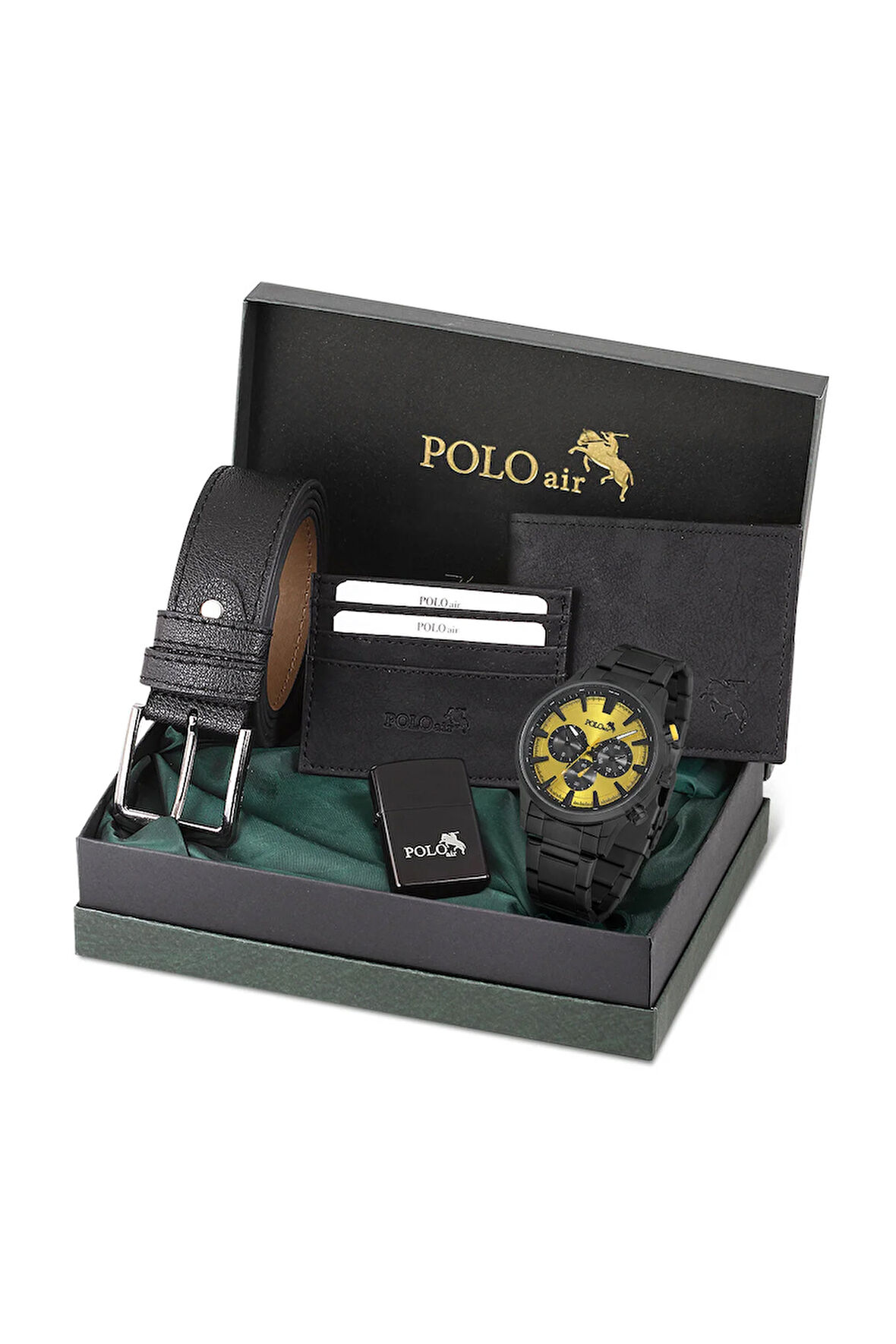 Erkek Set Kombin Kemer Cüzdan Kartlık Çakmak Kol Saati Hediyelik Kutusunda Siyah Set PL-0976E4
