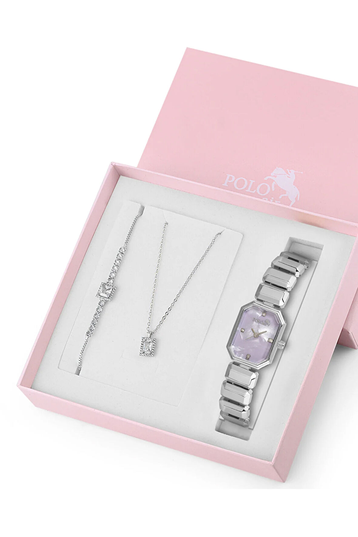 Zarif Dikdörtgen Kasa Kol Saati Zirkon Taşlı Kare Kolye Bileklik Set Gümüş Lila Renk ST-2168S6