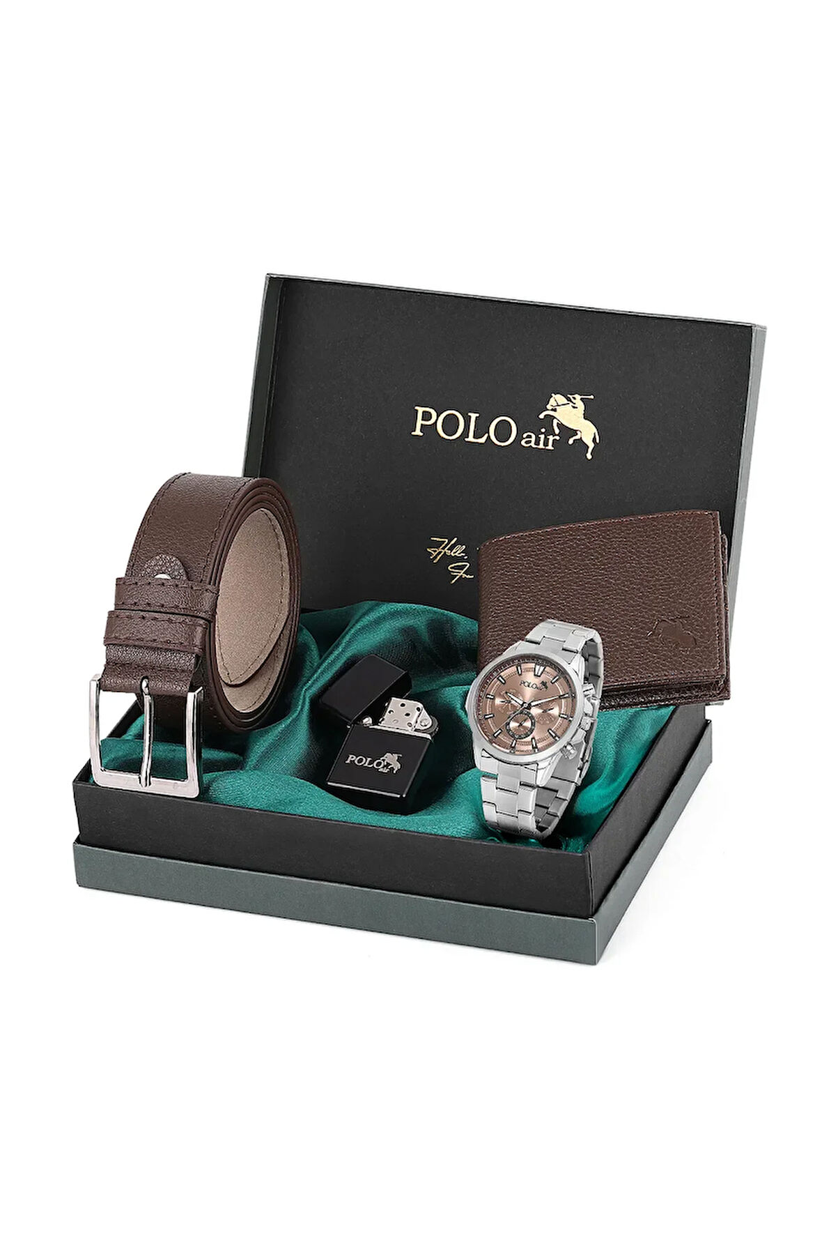 Erkek Set Kombin Kemer Cüzdan Çakmak Kol Saati Hediyelik Kutusunda Kahverengi Set PL-0969E3