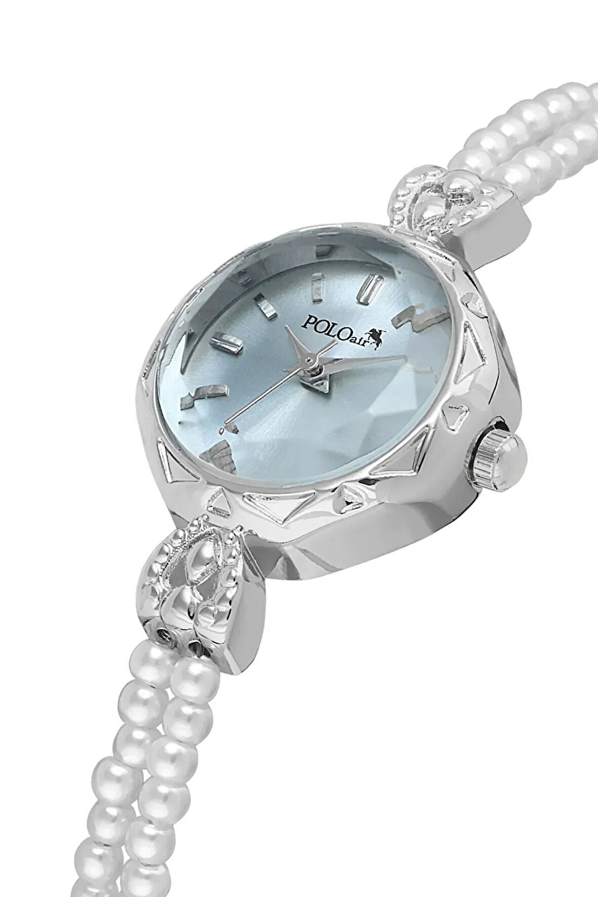 İki Inci Taşlı Görünümlü Kordon Kadın Kol Saati Beyaz Gümüş Mavi Renk Pl-1531b5x