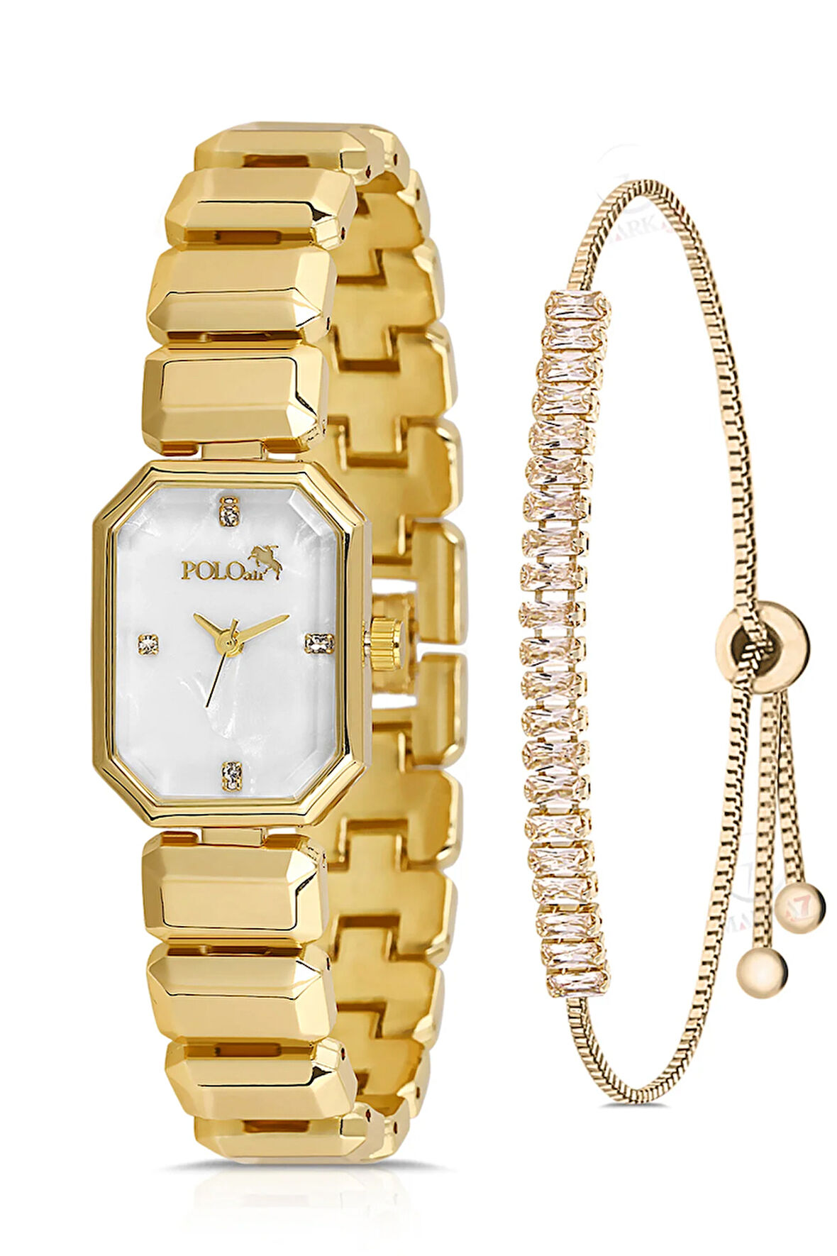 Zarif Dikdörtgen Kasa Kadın Kol Saati Zirkon Taşlı Baget Bileklik Kombin Gold Renk PL-1532B1
