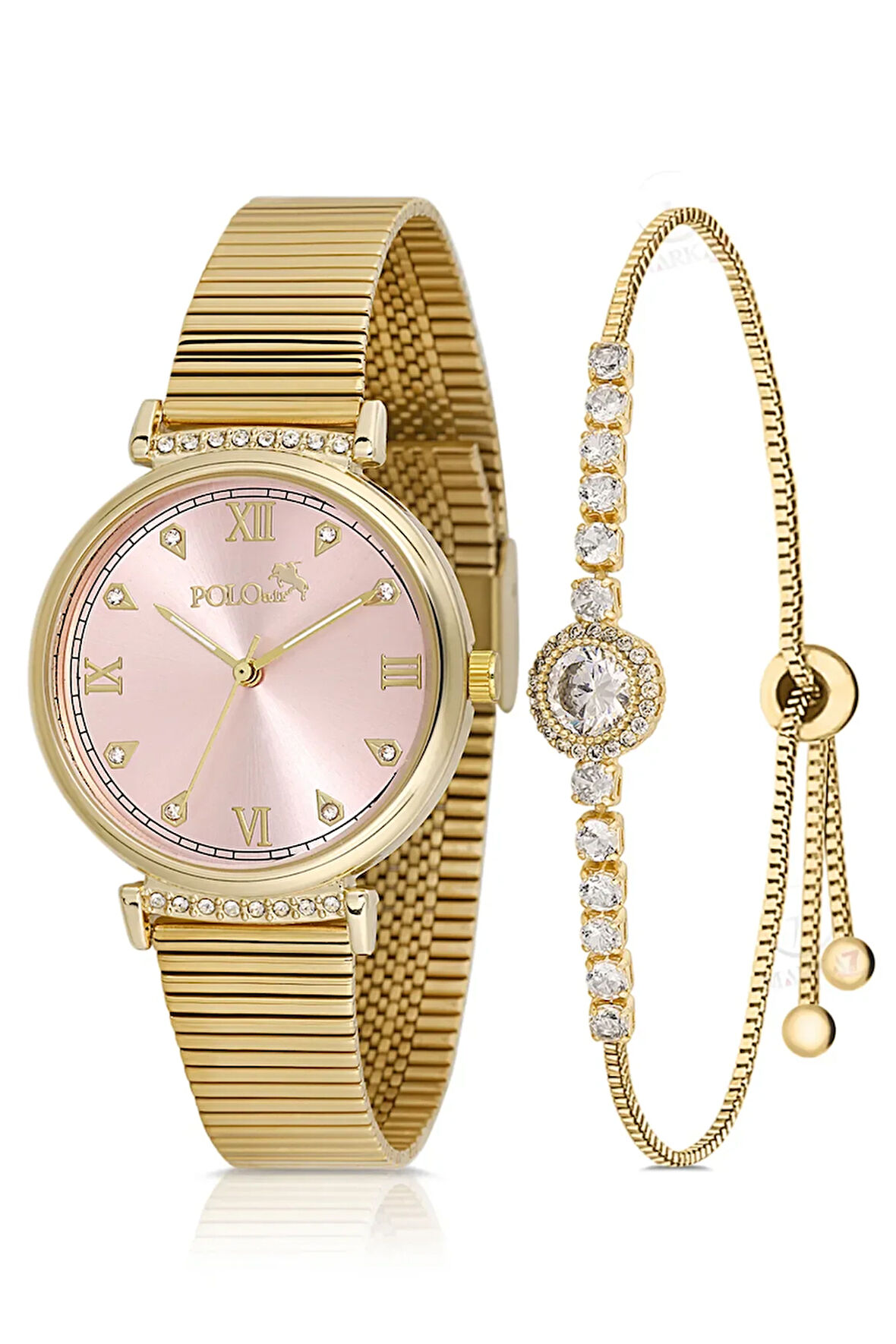 Klasik Kadın Kol Saati Zirkon Taşlı Yuvarlak Bileklik Kombin Gold Pembe Renk PL-1554B10
