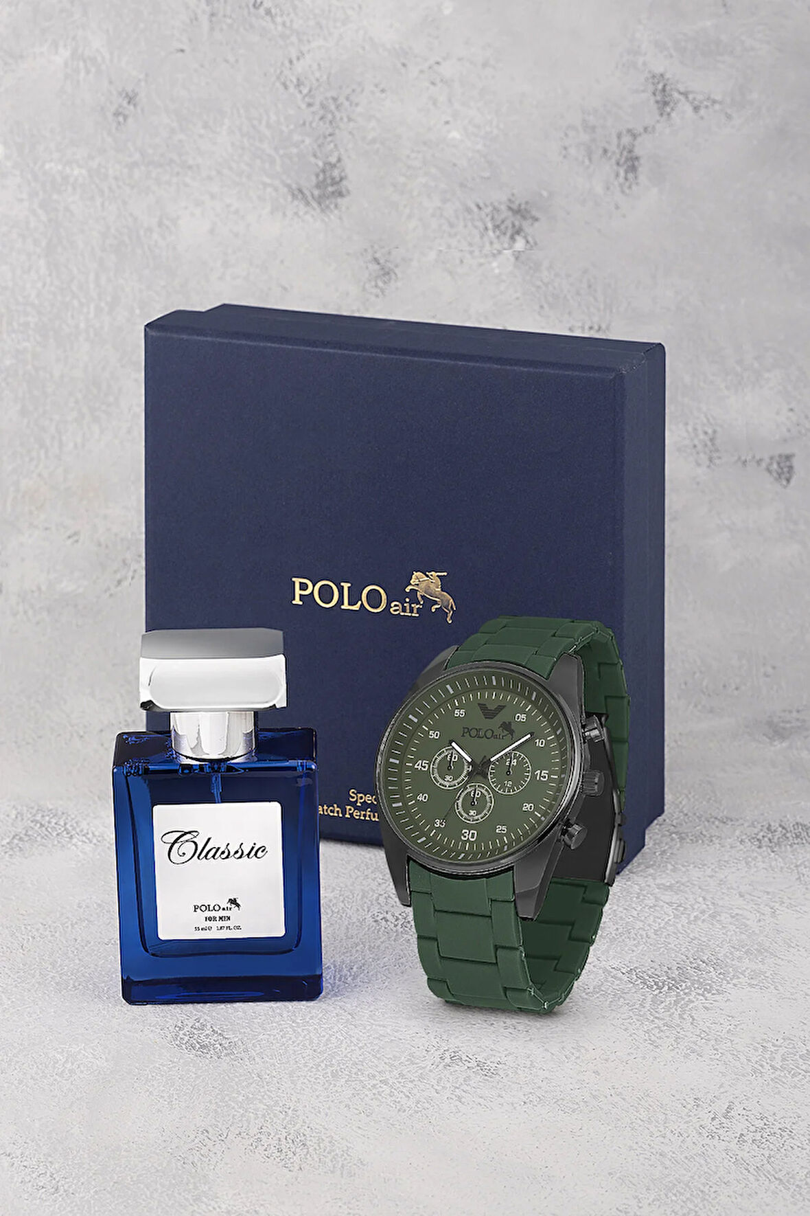 Erkek Silikon Kordon Kol Saati Ve 55ml Parfüm Seti Hediyelik Kutusunda Kombin Yeşil Renk PL-0982E3