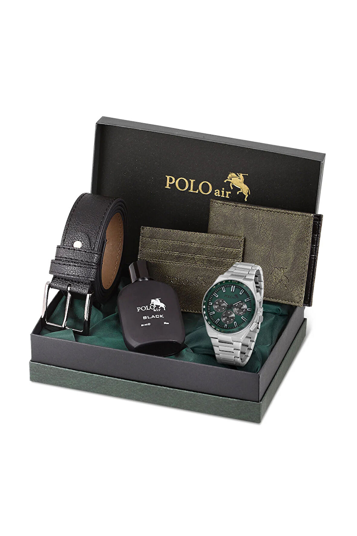 Erkek Kol Saati Cüzdan Kemer Kartlık Parfüm Kombin Set Gümüş Yeşil Renk PL-0990E4