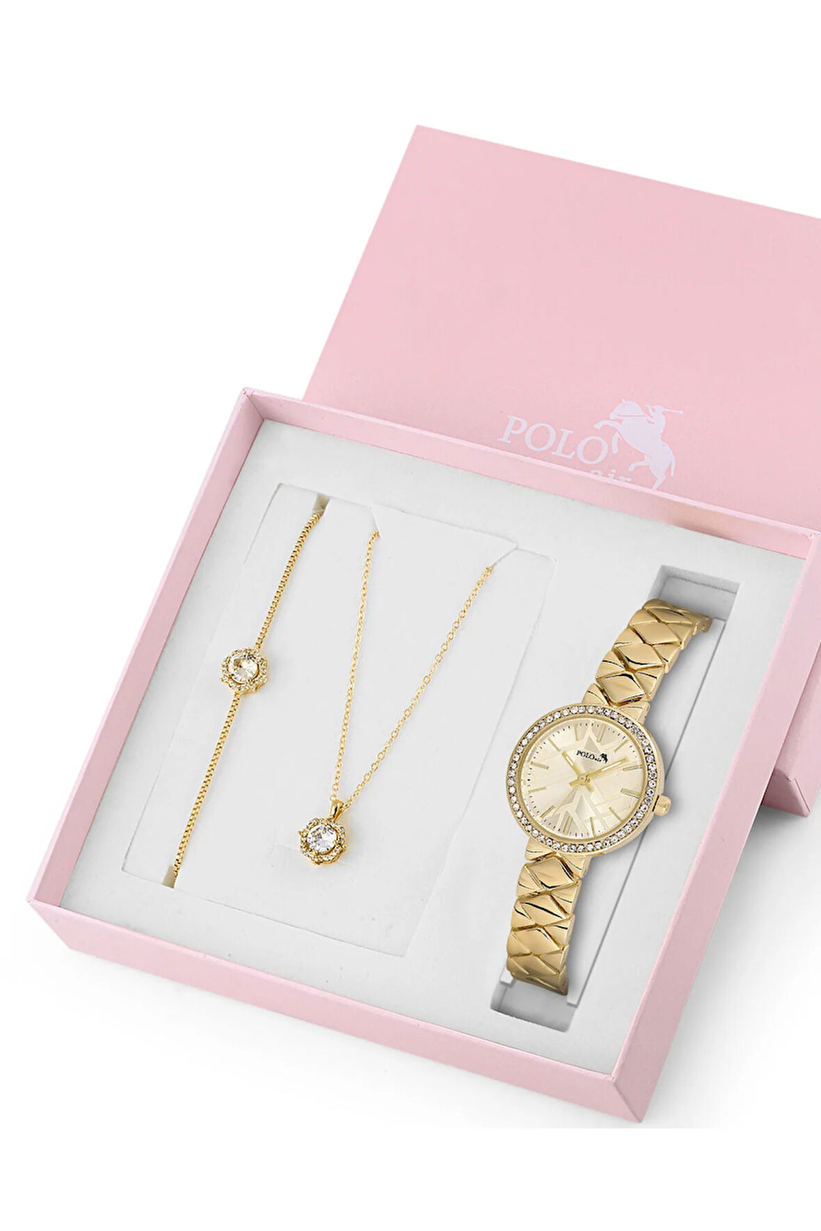 Baklava Desen Kadın Kol Saati Zirkon Taşlı Yuvarlak Kolye Bileklik Kombin Gold Renk ST-2161S1