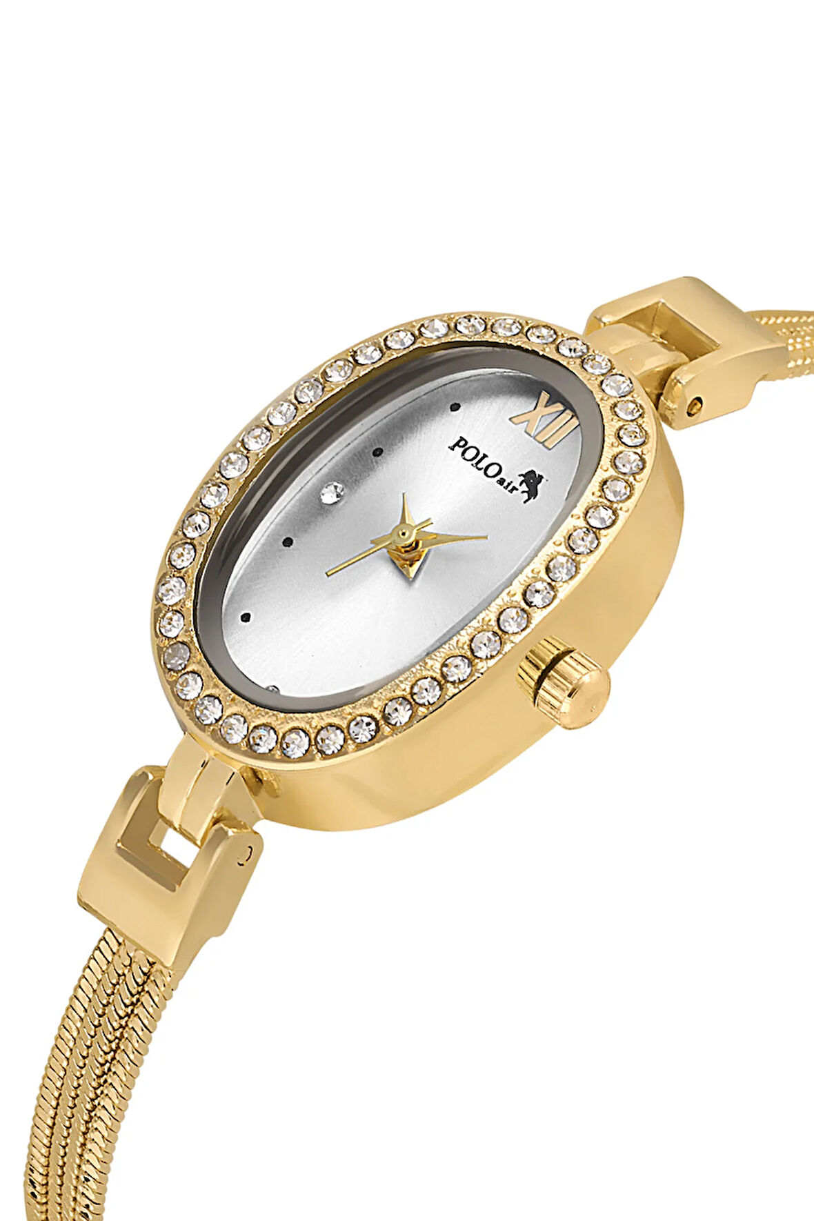 Lüx Taşlı Oval Kasa Hasır Metal Kordon Kadın Kol Saati Gold Renk PL-1546B1x