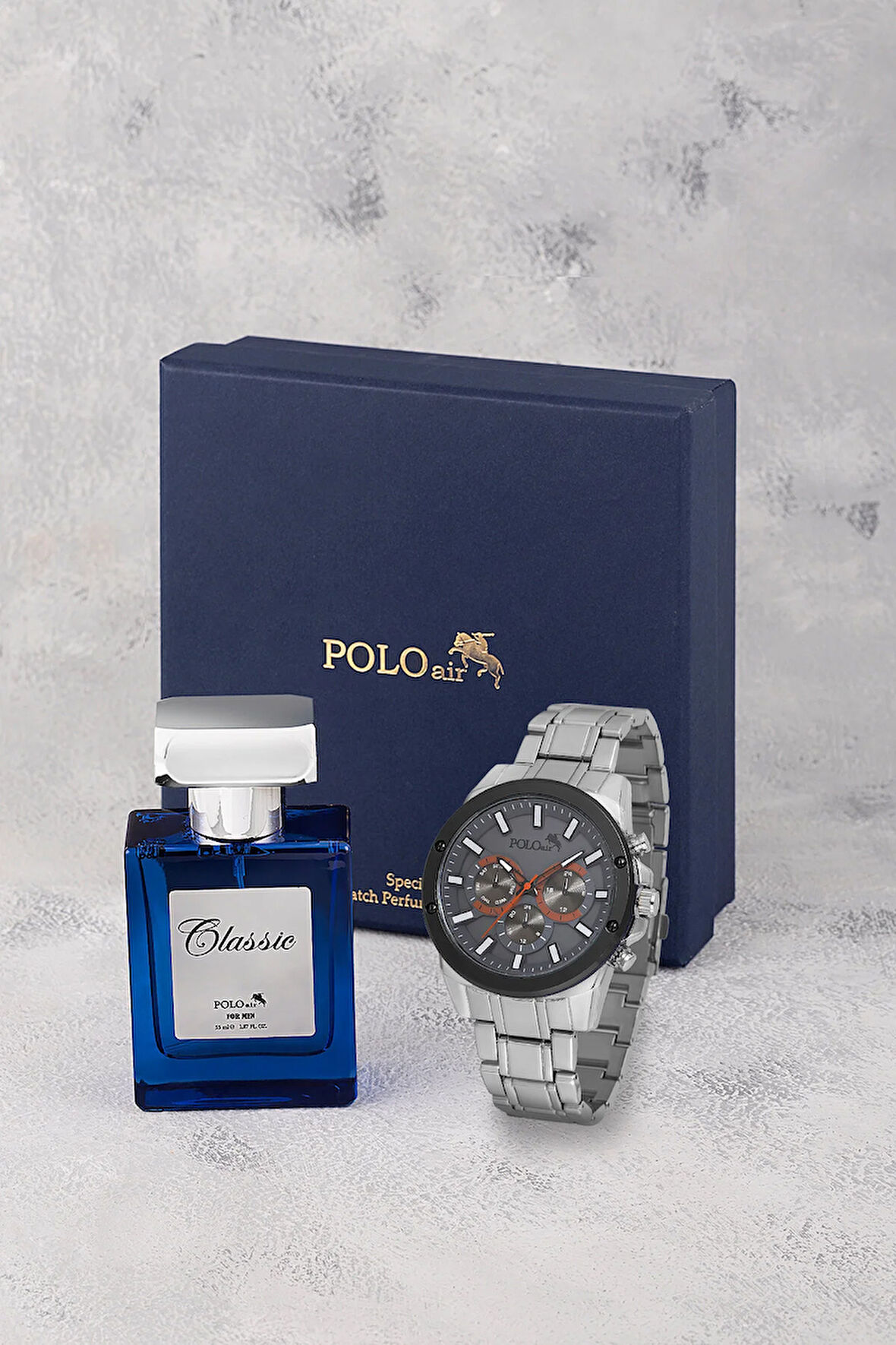 Erkek Kol Saati 55ml Parfüm Hediyelik Kutusunda Kombin Gümüş Gri Renk PL-7010E3