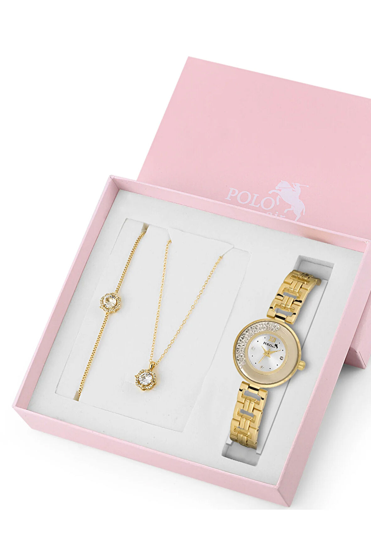 Zincir Kordon Kadın Kol Saati Zirkon Taşlı Yuvarlak Kolye Bileklik Kombin Gold Renk ST-2164S1