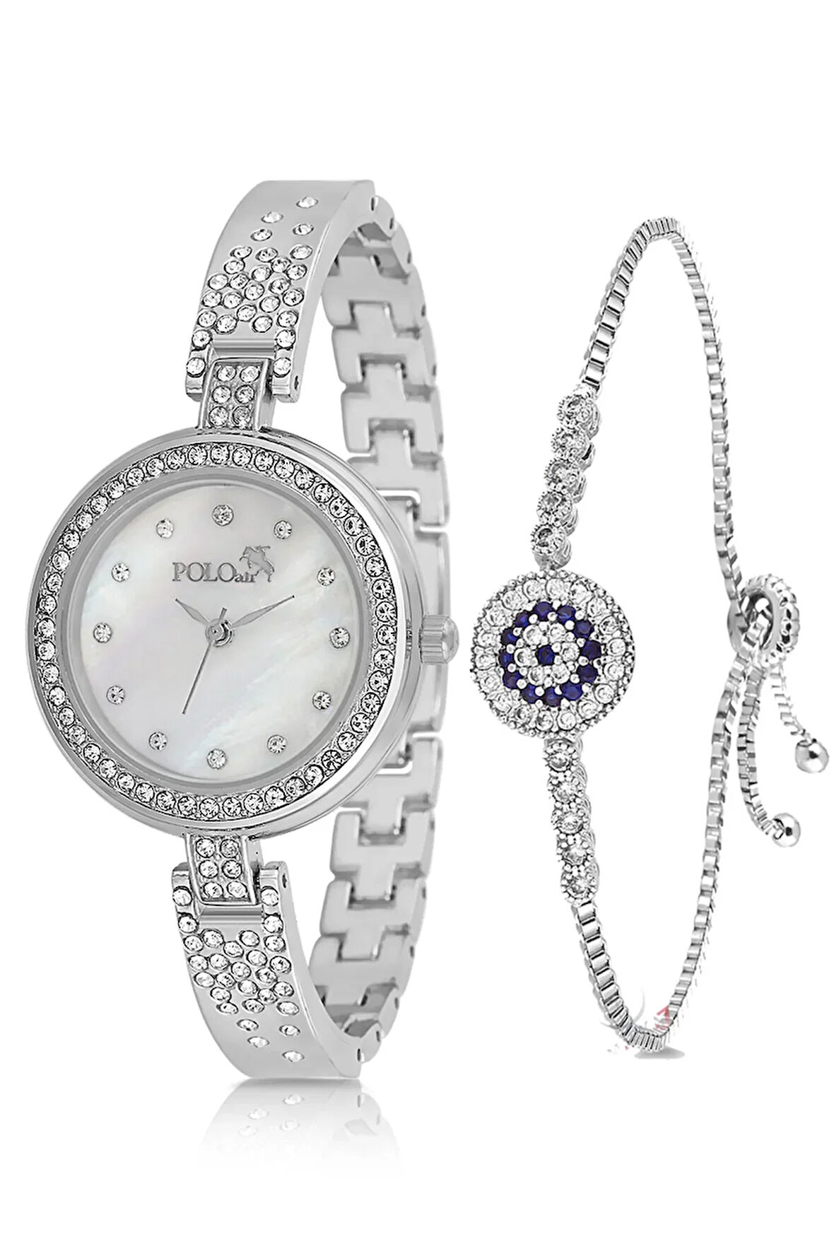 Retro Lüx Taşlı Kadın Kol Saati Zirkon Taşlı Nazar Bileklik Kombin Gümüş Renk PL-1536B2