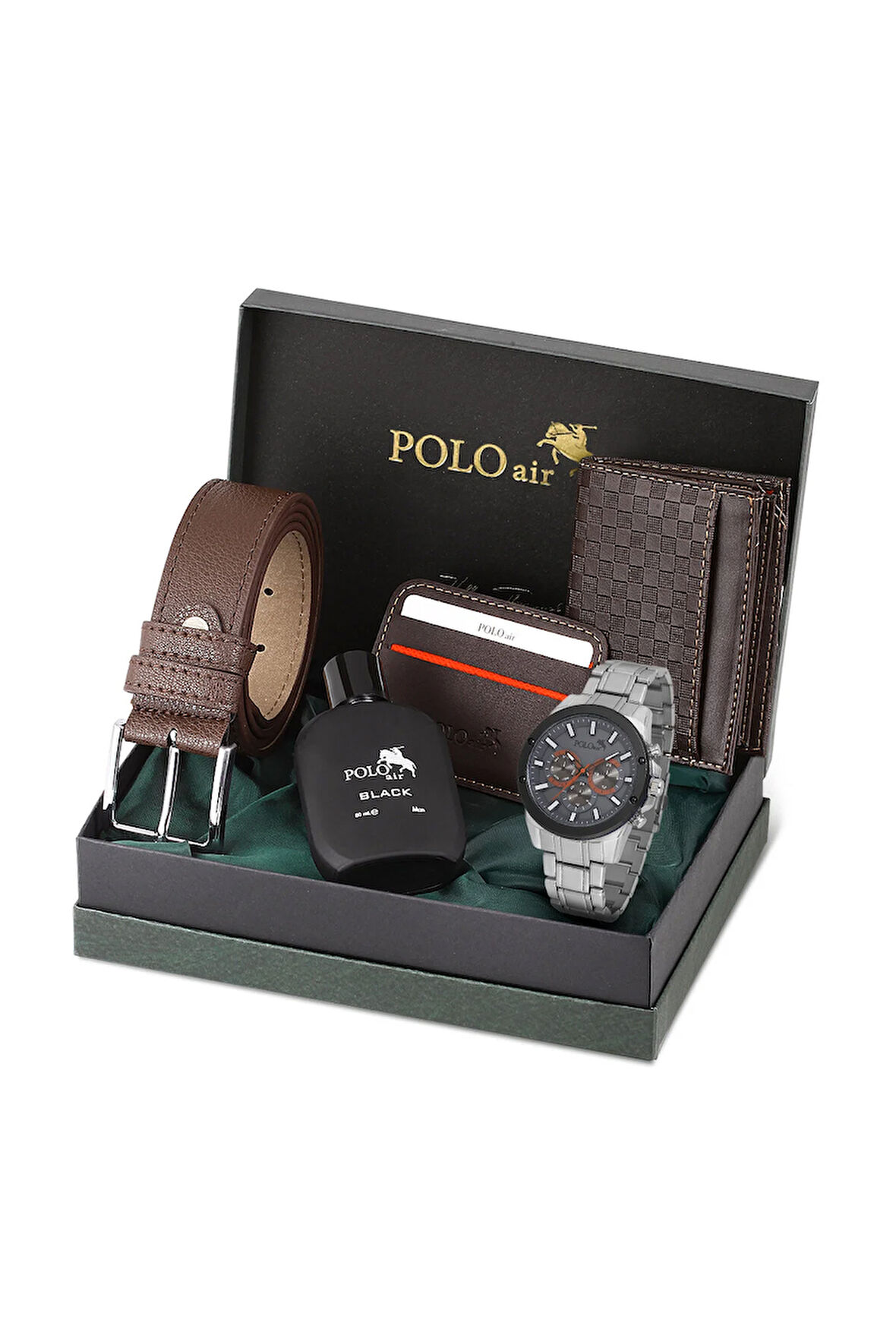 Erkek Kol Saati Dama Desen Cüzdan Kemer Kartlık Parfüm Kombin Set Gümüş Kahverengi Renk PL-0992E3