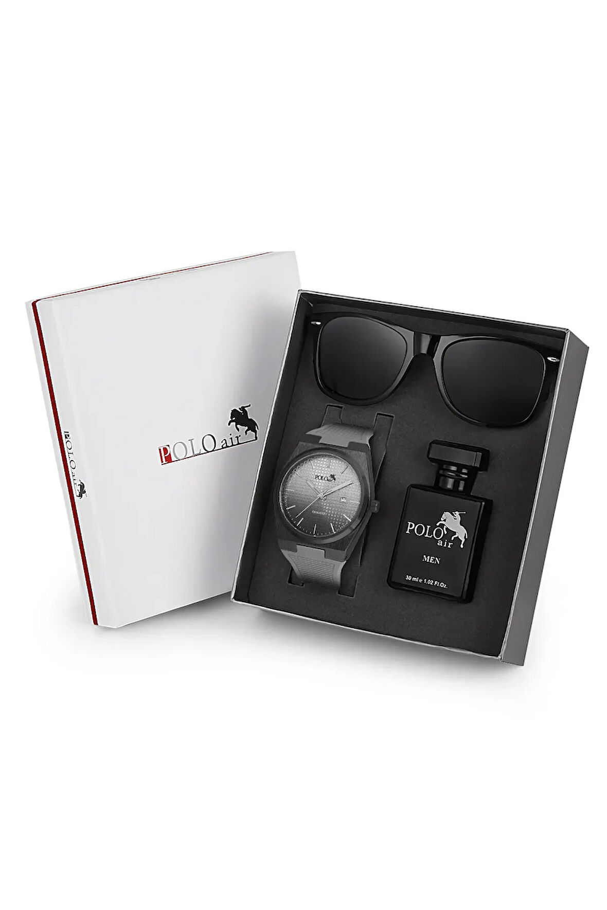 Premium Set Kombin Takvimli Erkek Kol Saati Parfüm Gözlük Set Gri Siyah Renk PL-7003E3