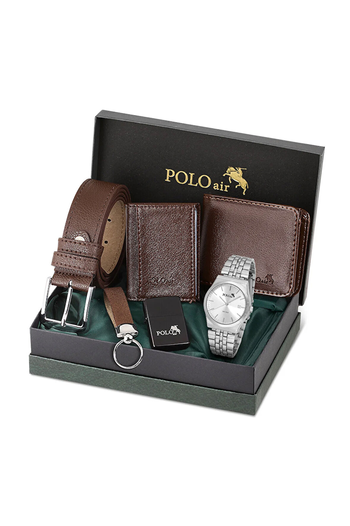 Zarif Erkek Kol Saati Cüzdan Kemer Kartlık Çakmak Anahtarlık Set Kombin Gümüş Kahve Renk PL-7001E3