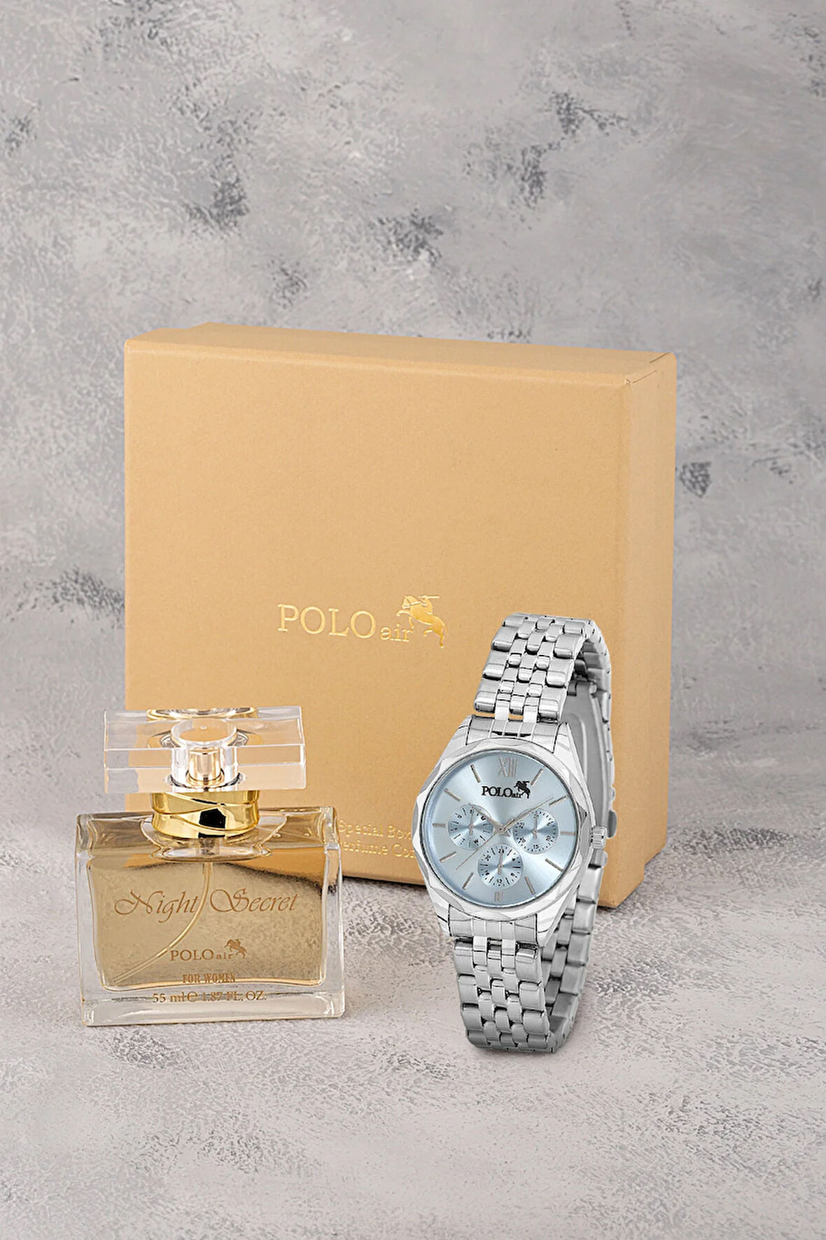 Spor Kadın Kol Saati Parfüm Seti Hediyelik Kutusunda Kombin Gümüş Mavi Renk ST-2178S4