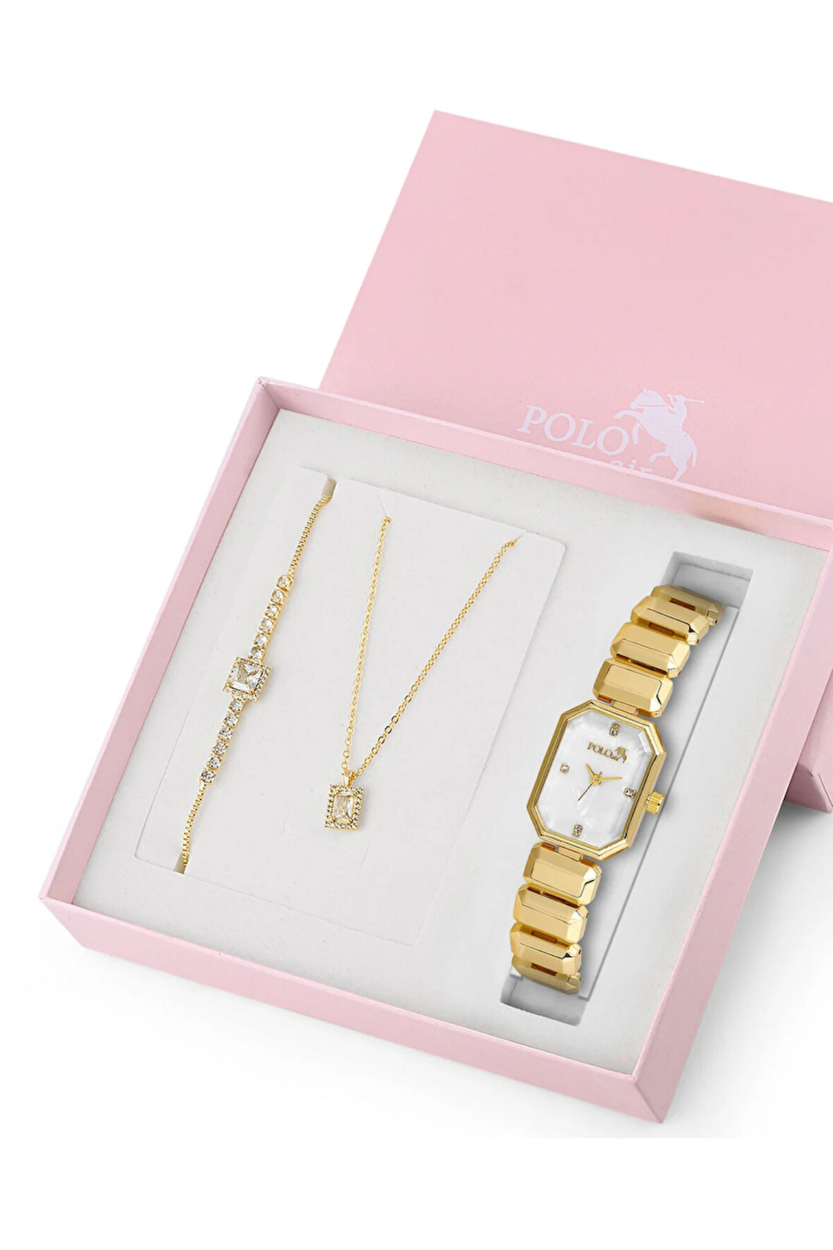 Zarif Dikdörtgen Kasa Kol Saati Zirkon Taşlı Kare Kolye Bileklik Set Gold Renk ST-2168S1